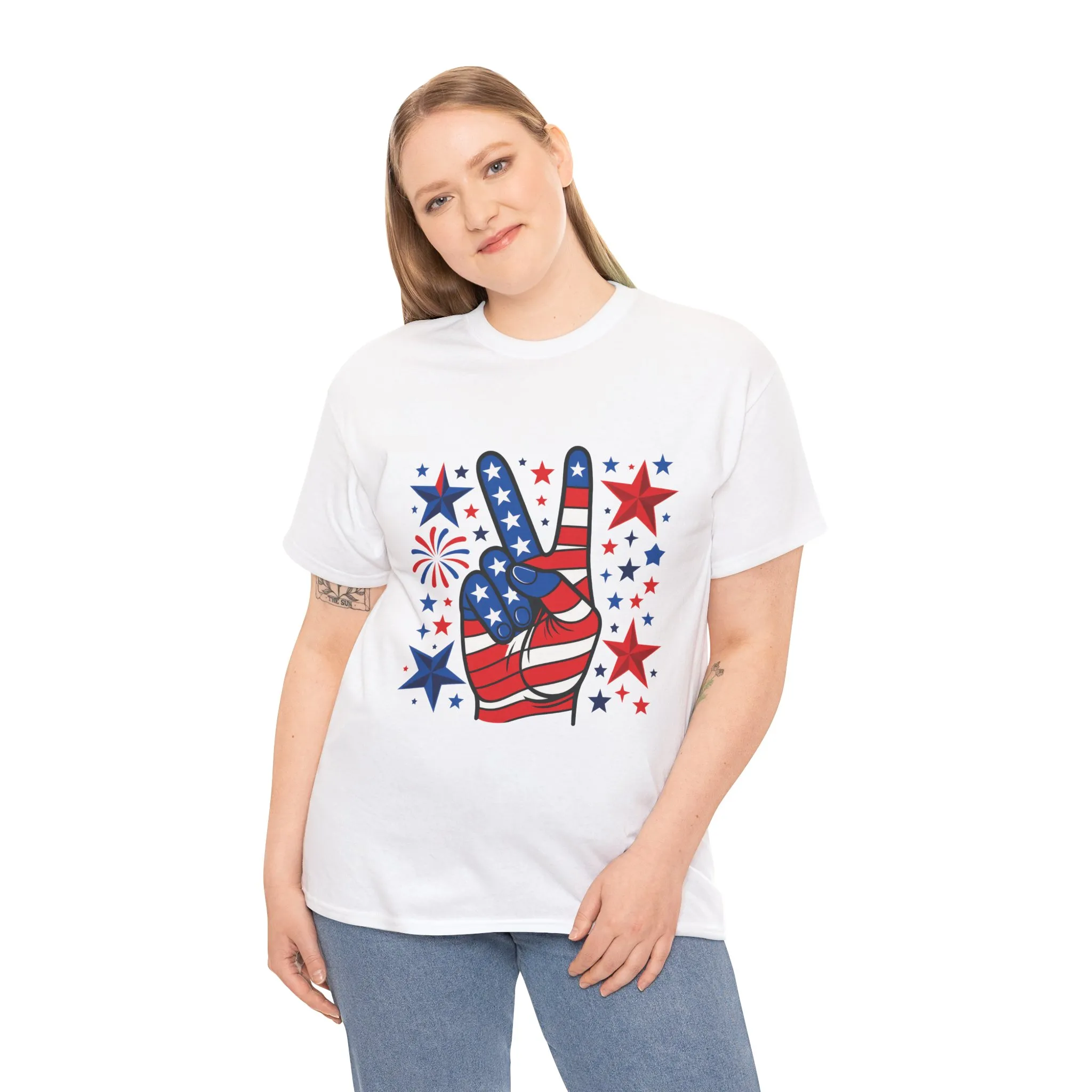 Patriotic Peace Hand Unisex Heavy Cotton Tee - Ideal for July 4th, Independence Day, Celebrations, Casual Wear, Everyday Style - Image 4