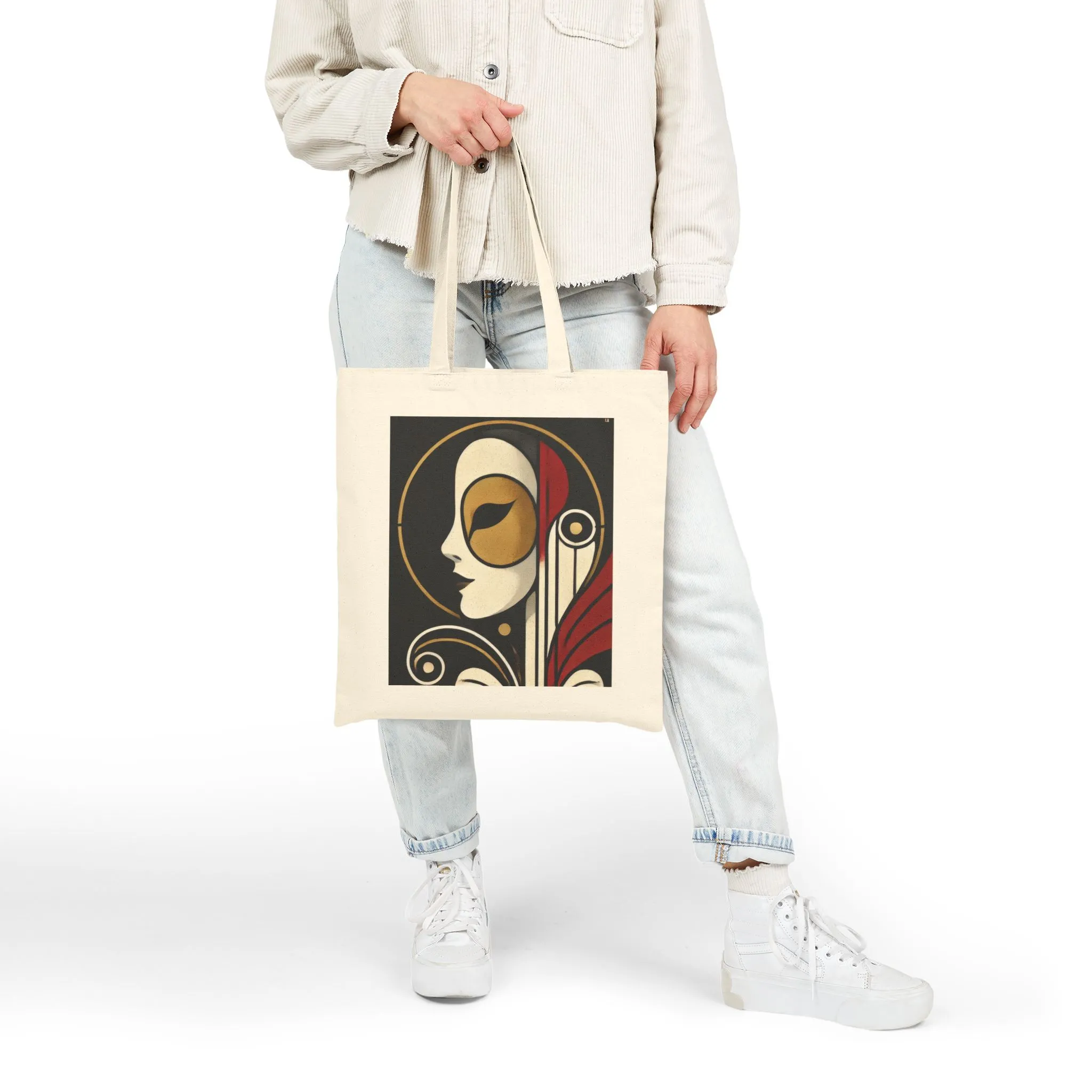 Art Deco Woman Tote Bag, Elegant Geometric Face Design, Modern Vintage Style Canvas Bag for Art Lovers, Artistic Cotton Canvas Tote Bag - Image 10