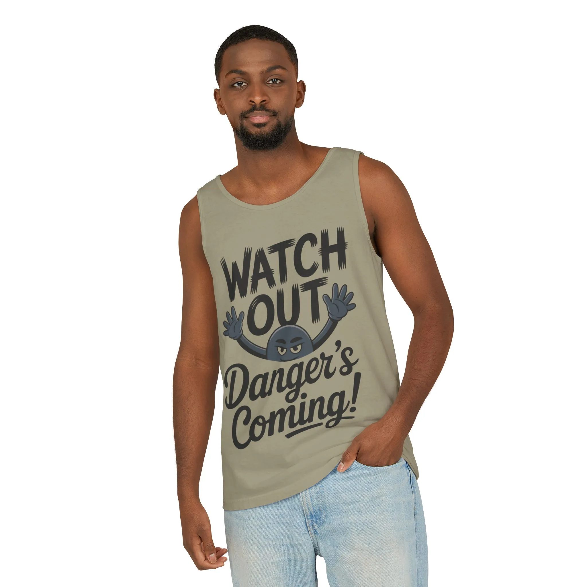 Watch Out! Danger's Coming, Mens Garment-Dyed Tank Top, Summer Tank, Trendy Mens Top, Fun Graphic Tee, Casual Wear, Gift for Him - Image 8