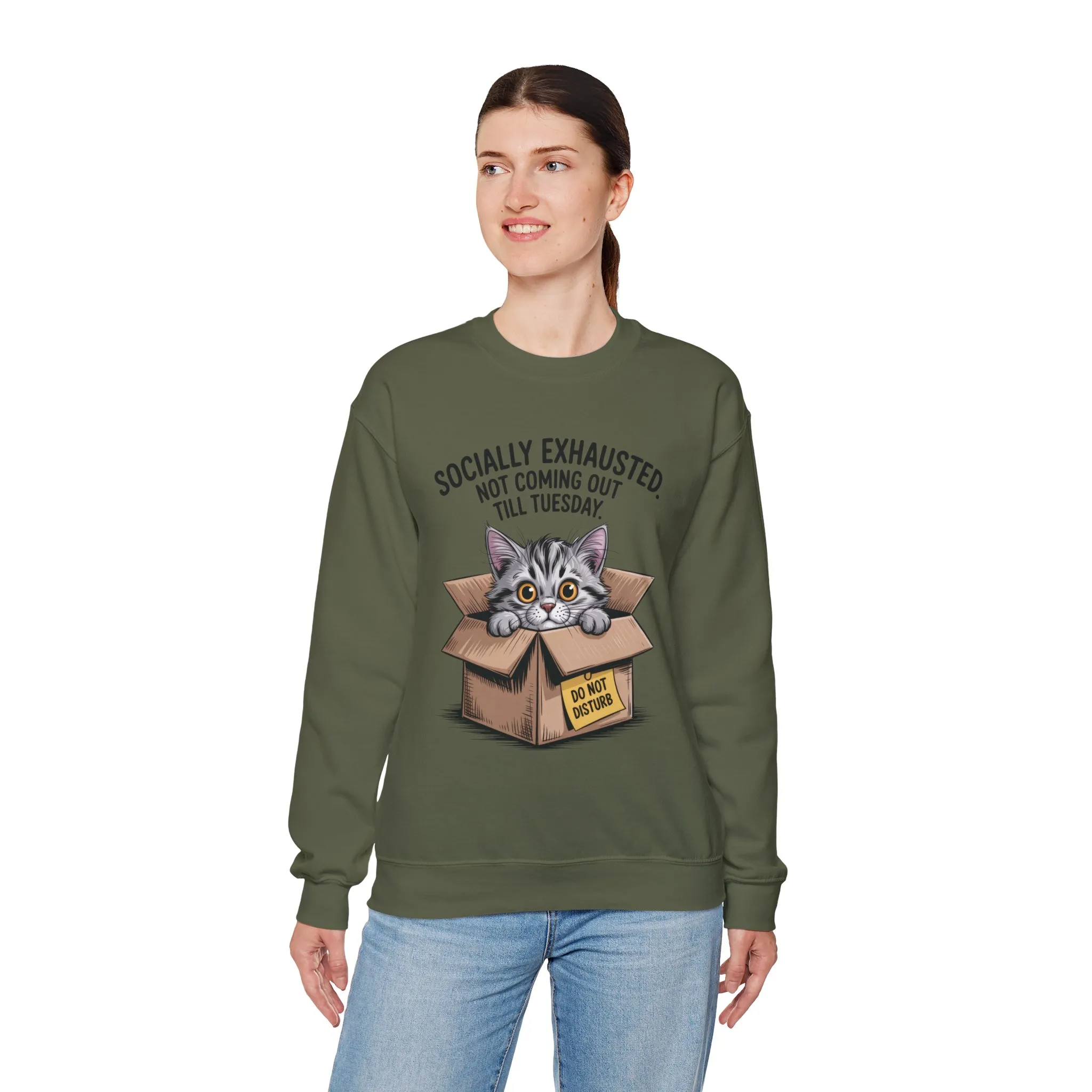 Socially Exhausted Cat Sweatshirt, Funny Cat Crewneck, Gift for Cat Lovers, Cozy Unisex Pullover, Weekend Comfort Apparel - Image 33