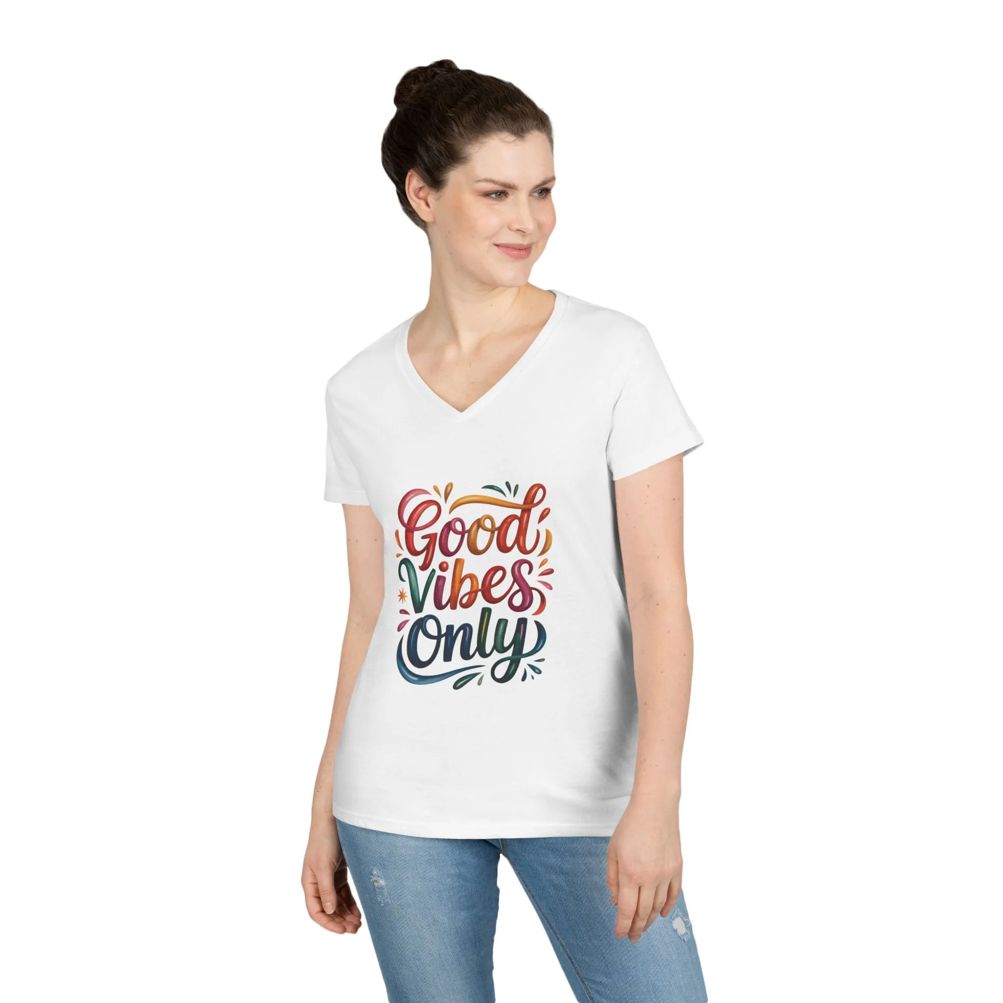 Good Vibes Only Ladies' V-Neck T-Shirt | Positive Message Tee, Casual Wear, Gift for Her, Summer Style, Feel Good Fashion, Positive Energy
