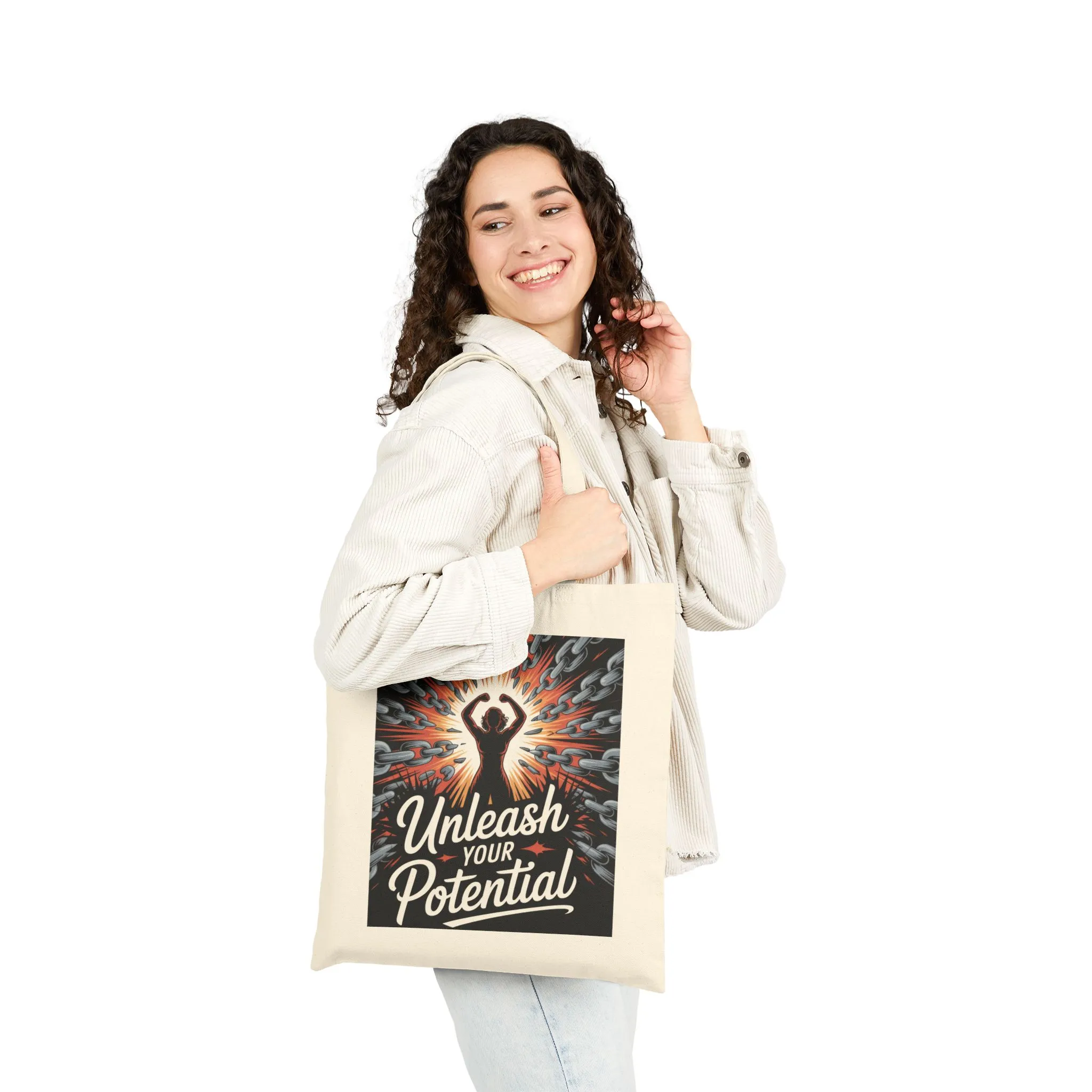 Unleash Your Potential Tote Bag, Motivational Empowerment Canvas Bag with Strong Woman & Chains Design, Fitness & Feminist Gift - Image 2