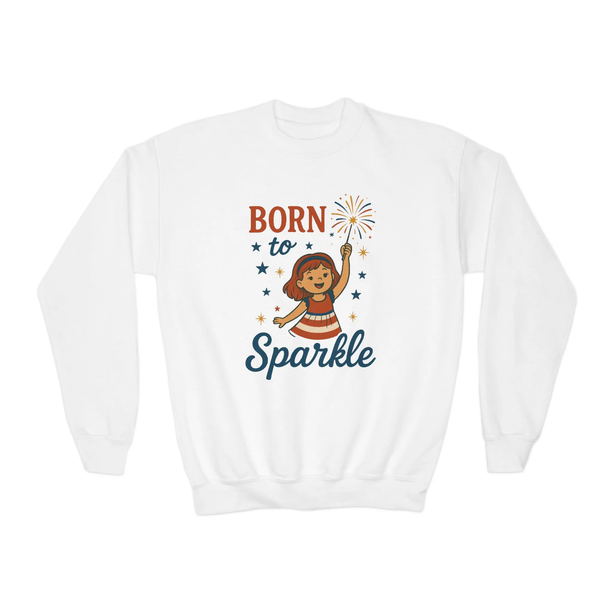 4th of July Youth Crewneck Sweatshirt, Born to Sparkle Tee, Patriotic Fireworks Toddler Crewneck, Independence Day Outfit for Tween Girls - Image 2
