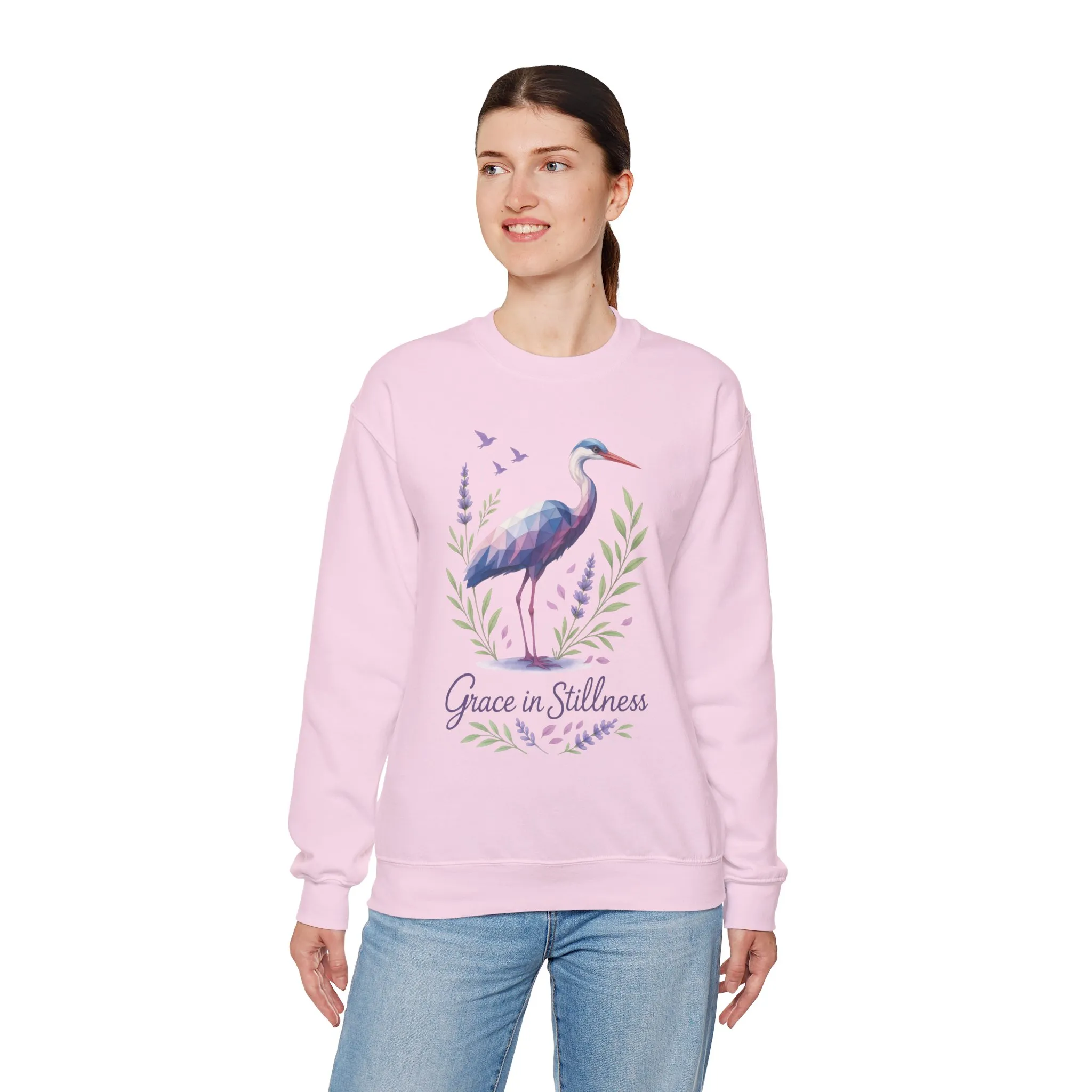 Polygonal Heron Graphic Sweatshirt, Women's Artistic Bird Crewneck, Nature-Inspired Minimalist Design, Geometric Crane, Bird Lovers Gift - Image 3