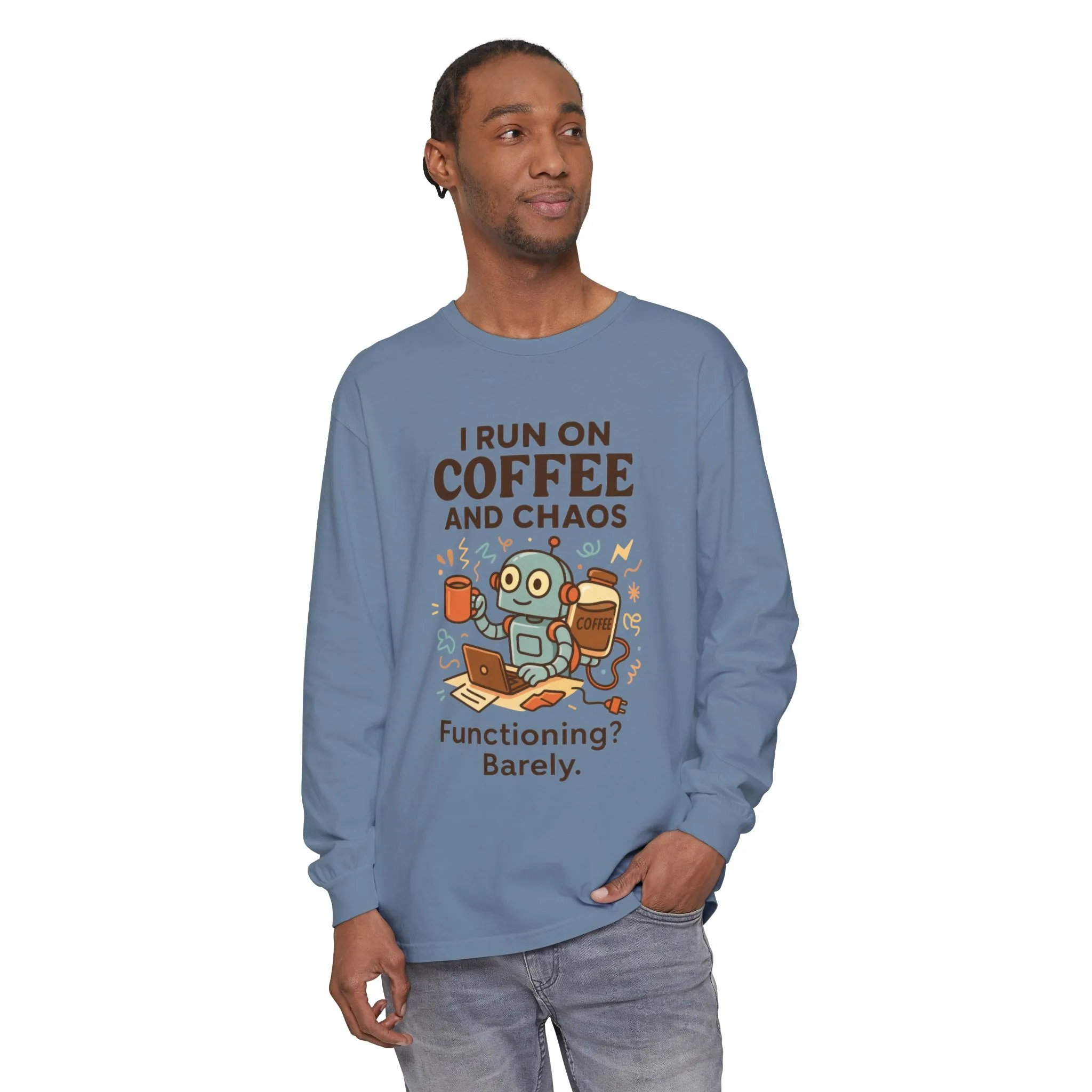 Coffee Chaos Long Sleeve Tee, Funny T-Shirt, Quirky Gift for Coffee Lovers, Unisex Top for Busy Lives, Work from Home Humor Tee - Image 2