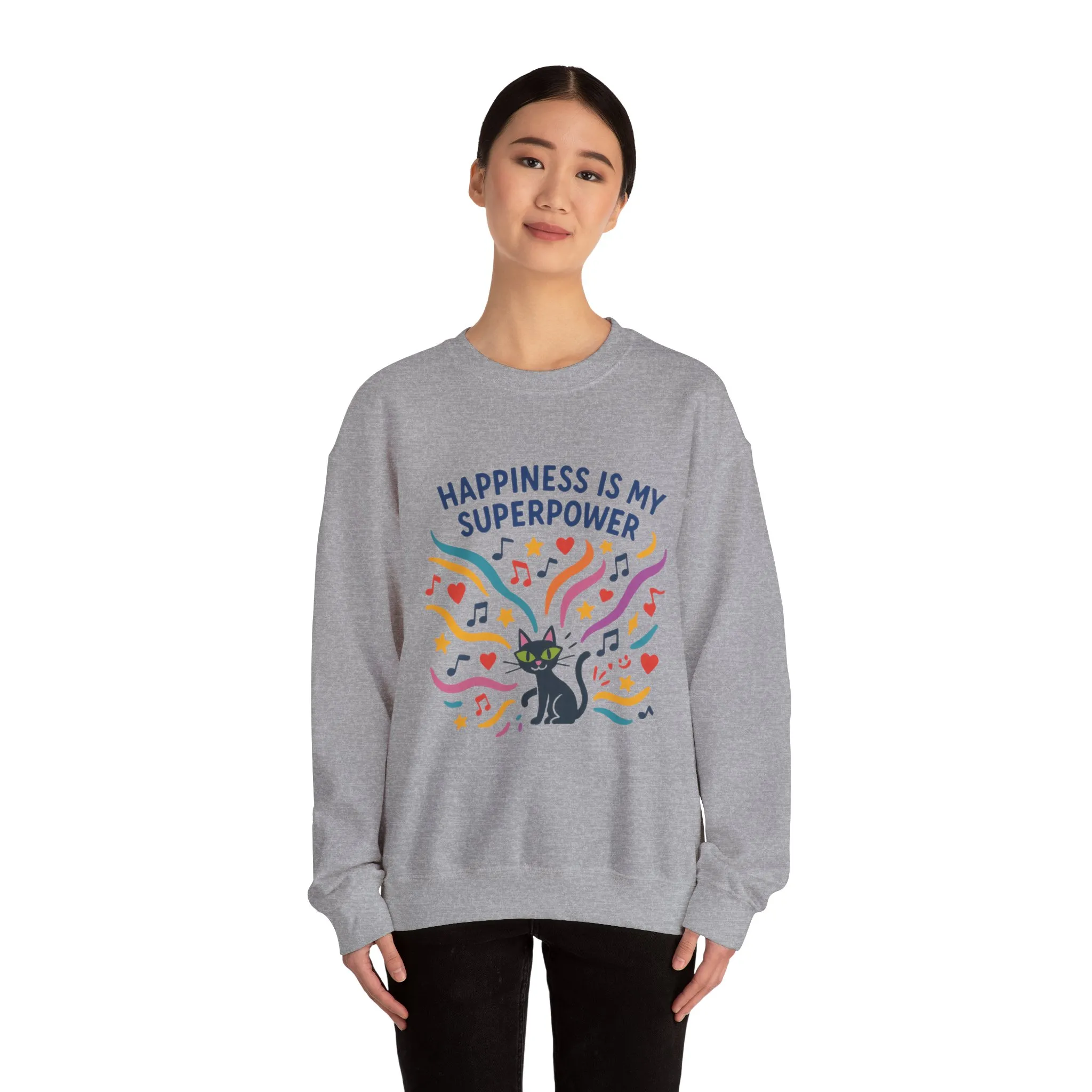 Playful Cat Crewneck Sweatshirt, Happiness is My Superpower, Cozy Sweatshirt, Gift for Cat Lovers, Fun Casual Style, Unique Animal Design - Image 11