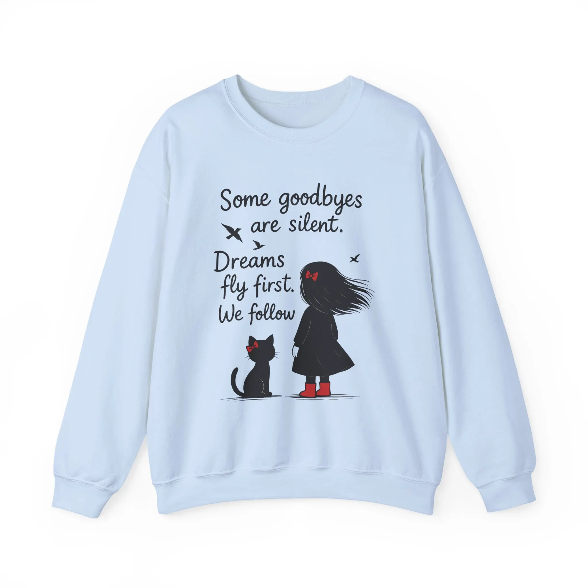 Cozy Farewell Girl & Cat Pullover, Hand Drawn Red Dress Art, Minimalist Womens Crewneck - Image 7