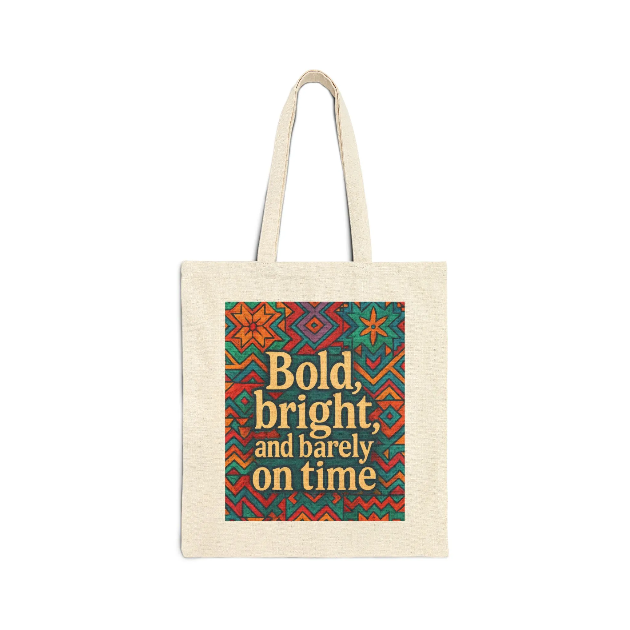 Bold Bright and Barely On Time Tote Bag, Colorful Retro Quote Canvas Bag, Funny Colorful Grocery Bag, Vibrant Motivational Text Print - Image 7