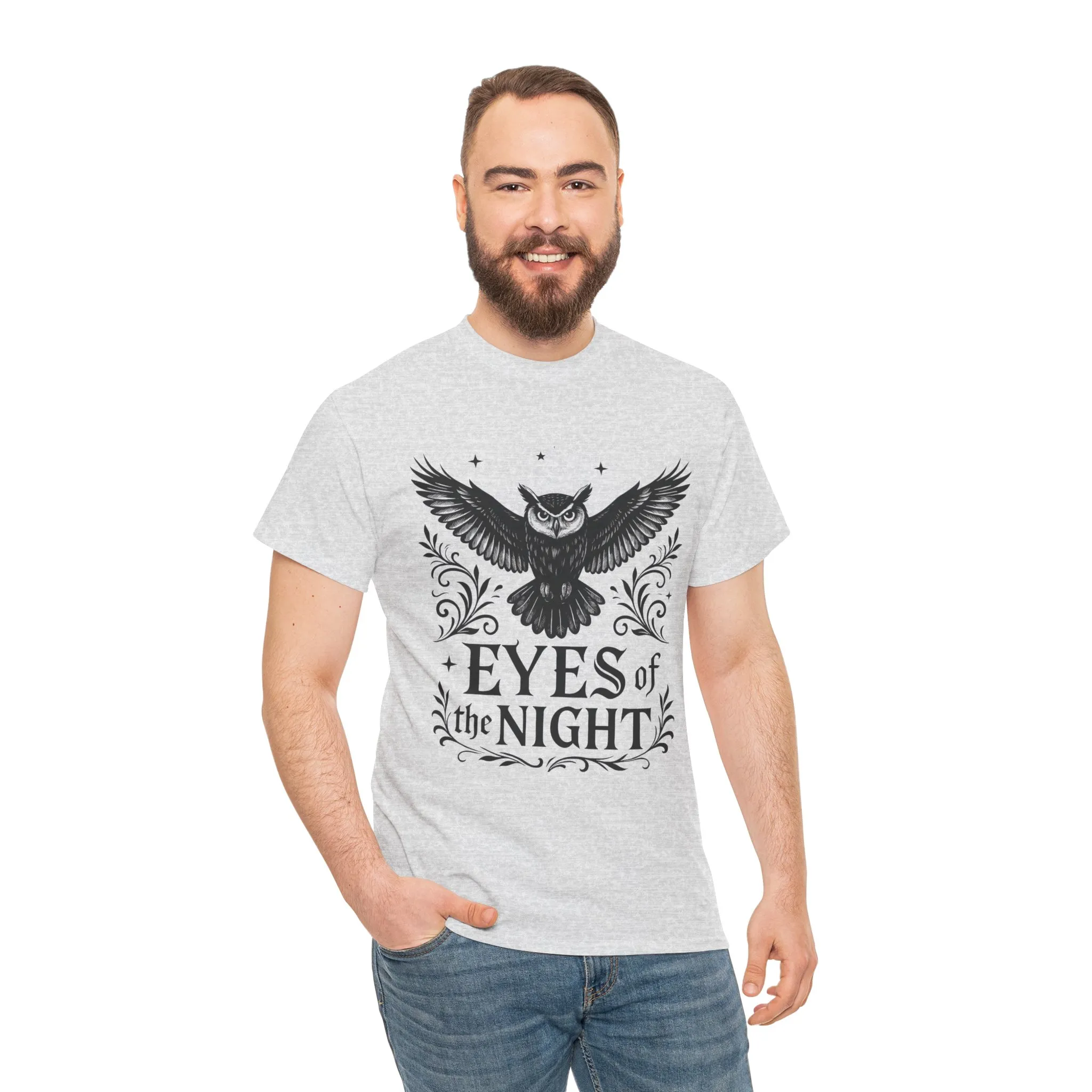 Cool Owl Graphic Unisex Heavy Cotton Tee, Flying Owl Art T-Shirt, Animal Print Tee, Gothic Bird Graphic Tee, Mens Gothic Style Shirt - Image 32