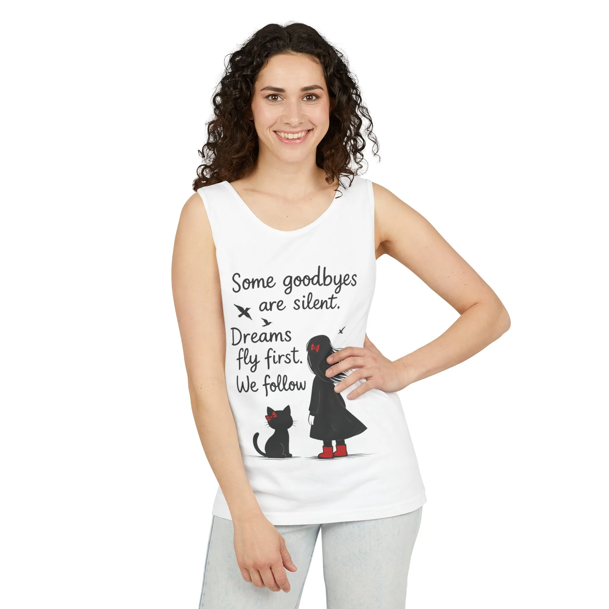 Minimalist Tank Top, Womens Tank, Girl & Cat Art Print, Emotional Lightweight Summer Shirt, Inspirational Apparel, Cat Lover Gift - Image 6