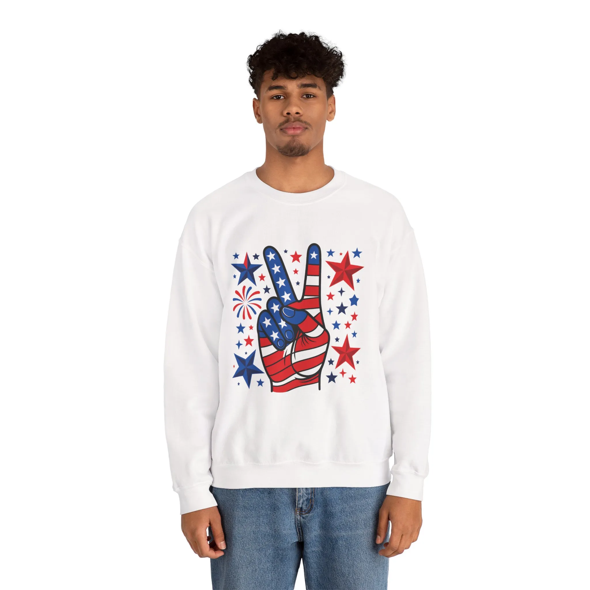 Patriotic Peace Crewneck Sweatshirt - Unisex Heavy Blend, 4th of July Clothing, Peace Sign Design, Casual Wear, Gift for Him/Her - Image 7