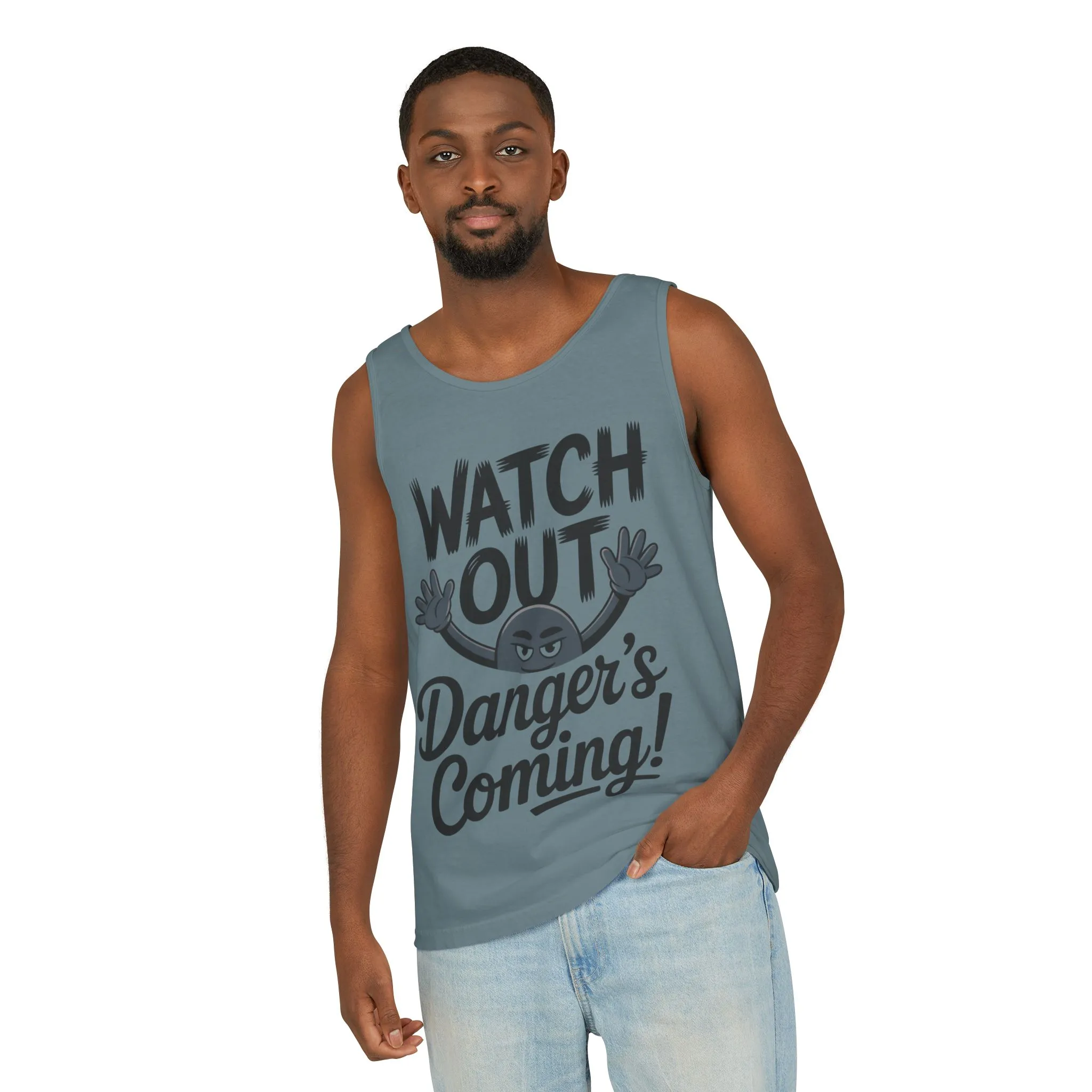 Watch Out! Danger's Coming, Mens Garment-Dyed Tank Top, Summer Tank, Trendy Mens Top, Fun Graphic Tee, Casual Wear, Gift for Him - Image 44