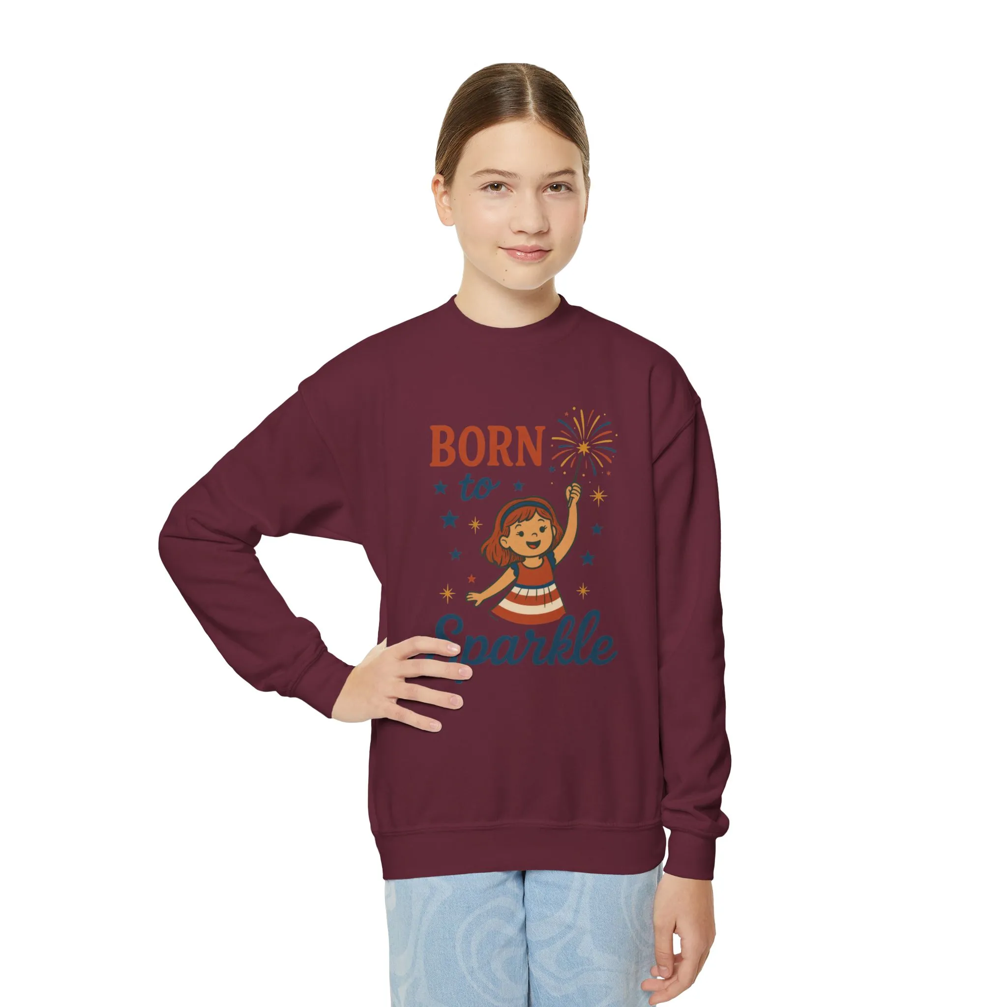 4th of July Youth Crewneck Sweatshirt, Born to Sparkle Tee, Patriotic Fireworks Toddler Crewneck, Independence Day Outfit for Tween Girls - Image 8