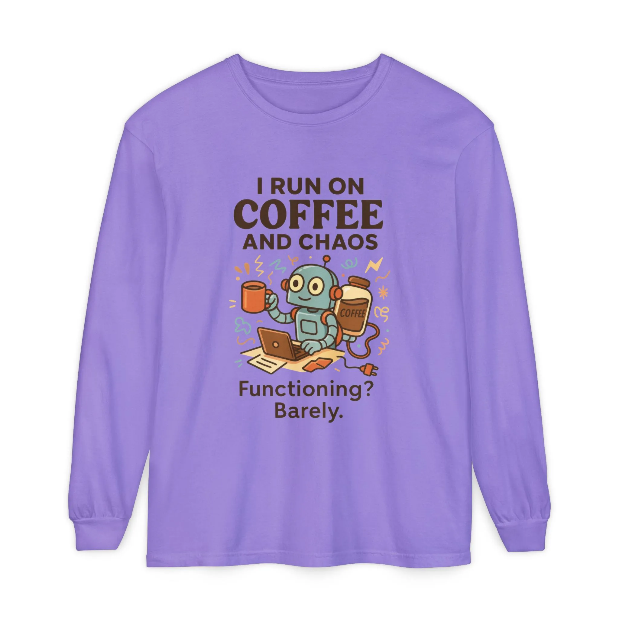 Coffee Chaos Long Sleeve Tee, Funny T-Shirt, Quirky Gift for Coffee Lovers, Unisex Top for Busy Lives, Work from Home Humor Tee - Image 19