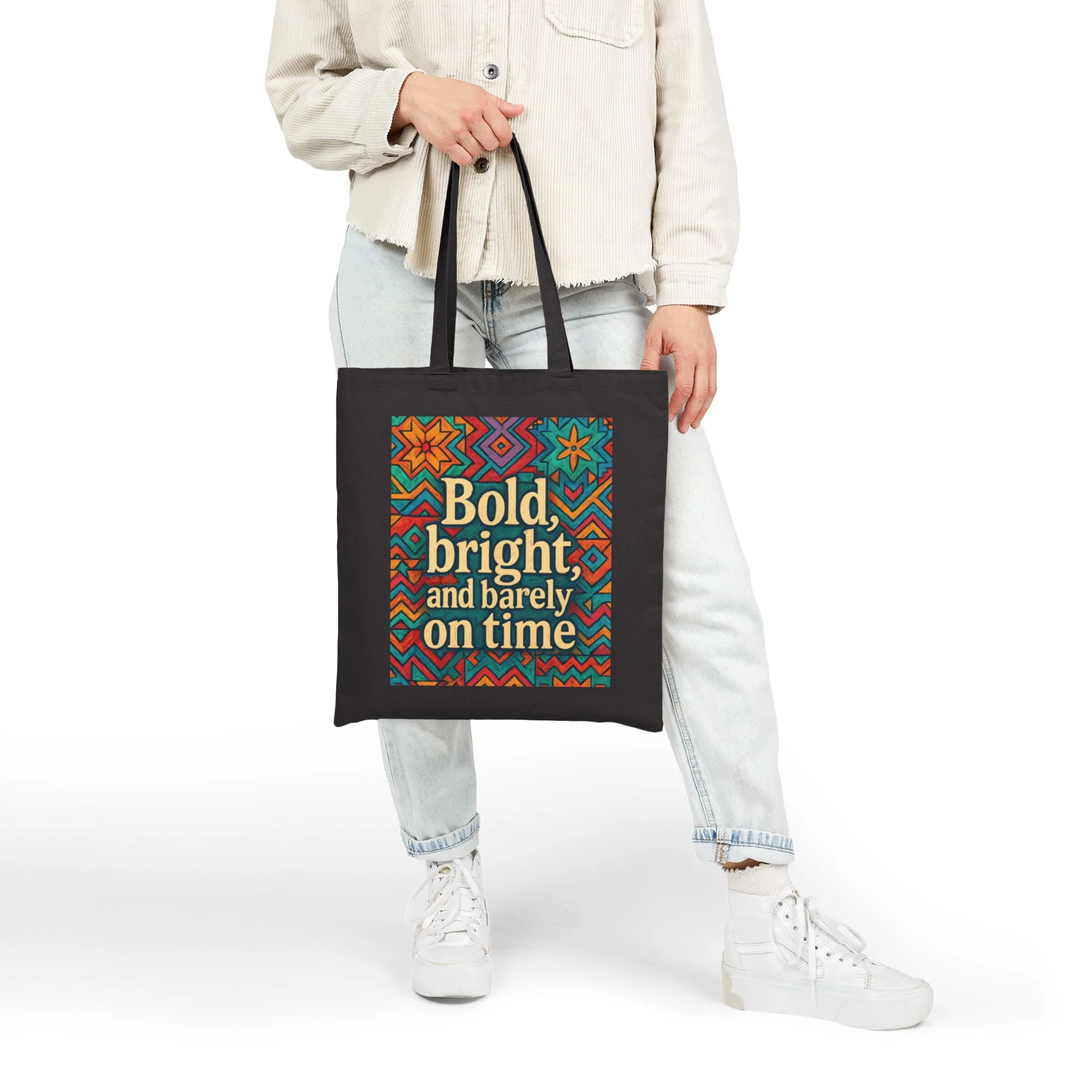 Bold Bright and Barely On Time Tote Bag, Colorful Retro Quote Canvas Bag, Funny Colorful Grocery Bag, Vibrant Motivational Text Print - Image 3