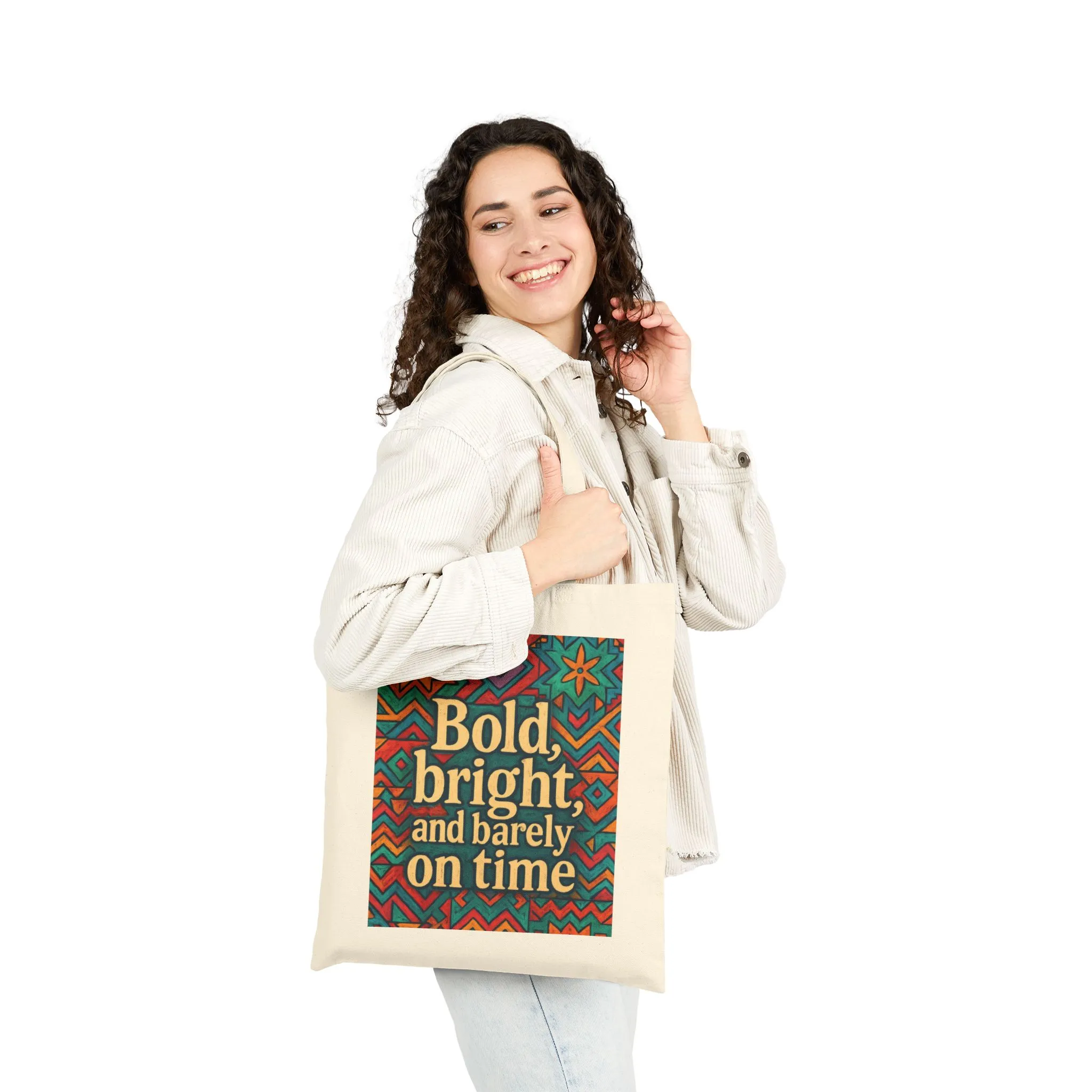 Bold Bright and Barely On Time Tote Bag, Colorful Retro Quote Canvas Bag, Funny Colorful Grocery Bag, Vibrant Motivational Text Print - Image 8