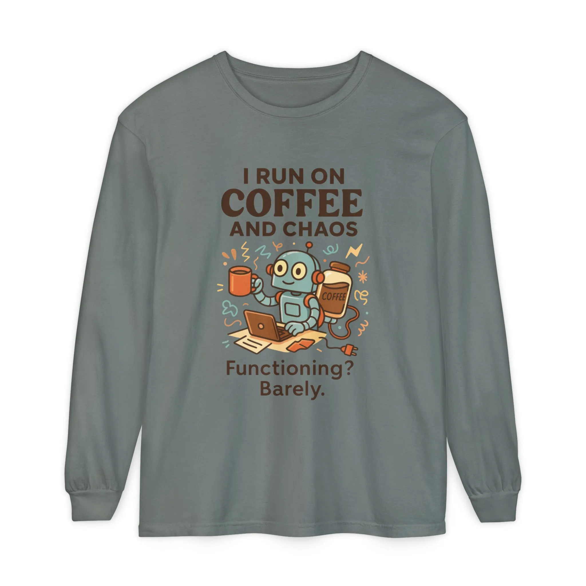 Coffee Chaos Long Sleeve Tee, Funny T-Shirt, Quirky Gift for Coffee Lovers, Unisex Top for Busy Lives, Work from Home Humor Tee - Image 37