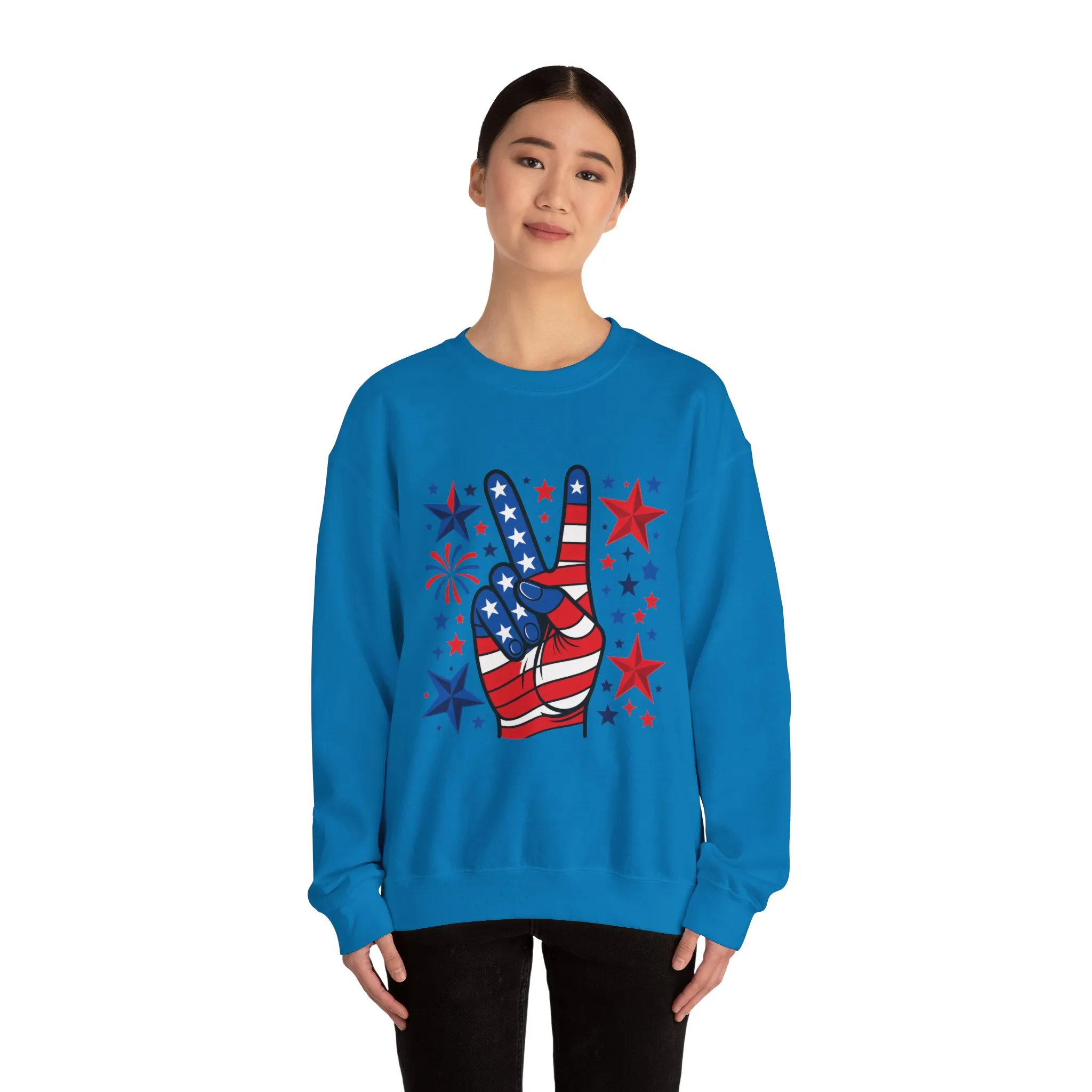 Patriotic Peace Crewneck Sweatshirt - Unisex Heavy Blend, 4th of July Clothing, Peace Sign Design, Casual Wear, Gift for Him/Her - Image 2