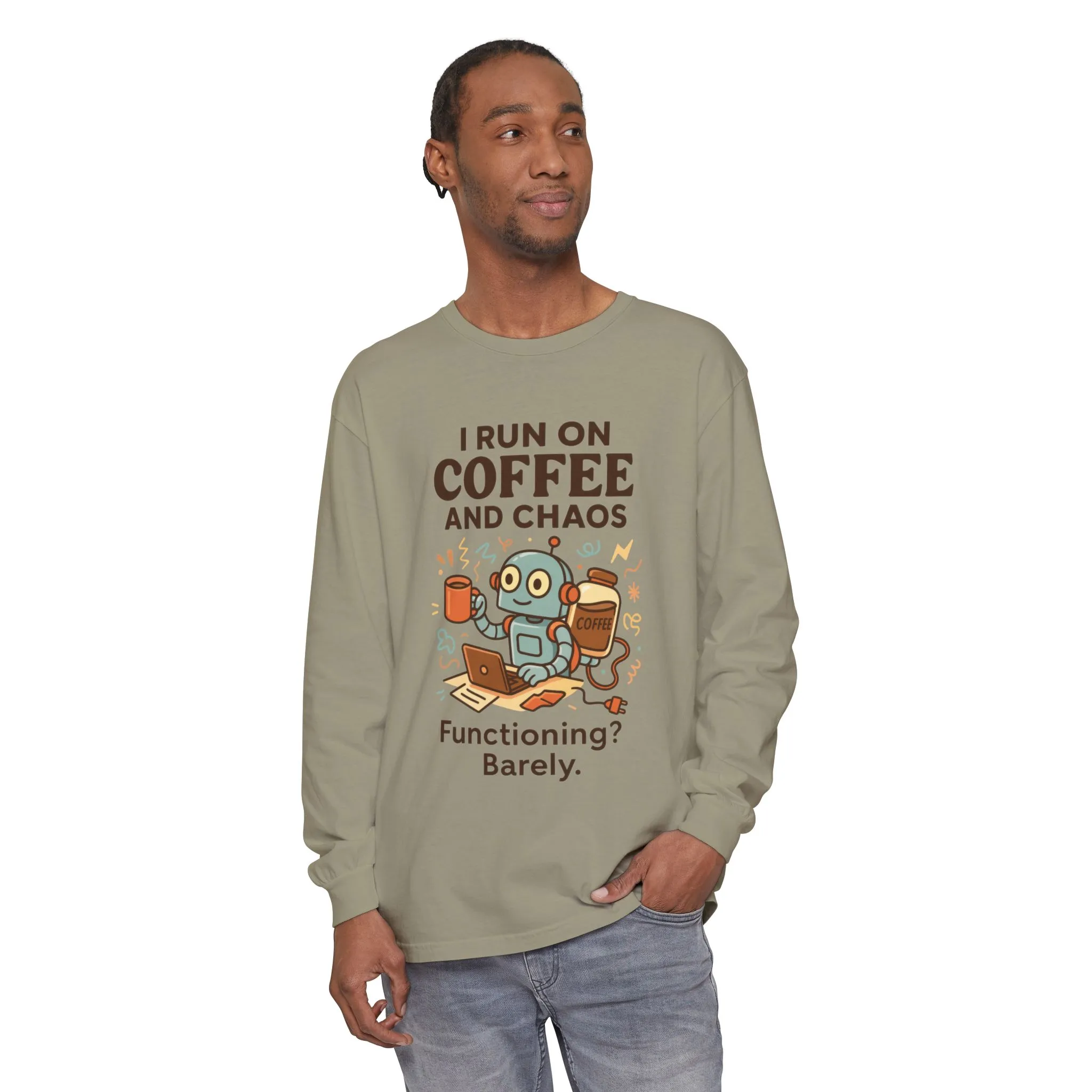 Coffee Chaos Long Sleeve Tee, Funny T-Shirt, Quirky Gift for Coffee Lovers, Unisex Top for Busy Lives, Work from Home Humor Tee - Image 11