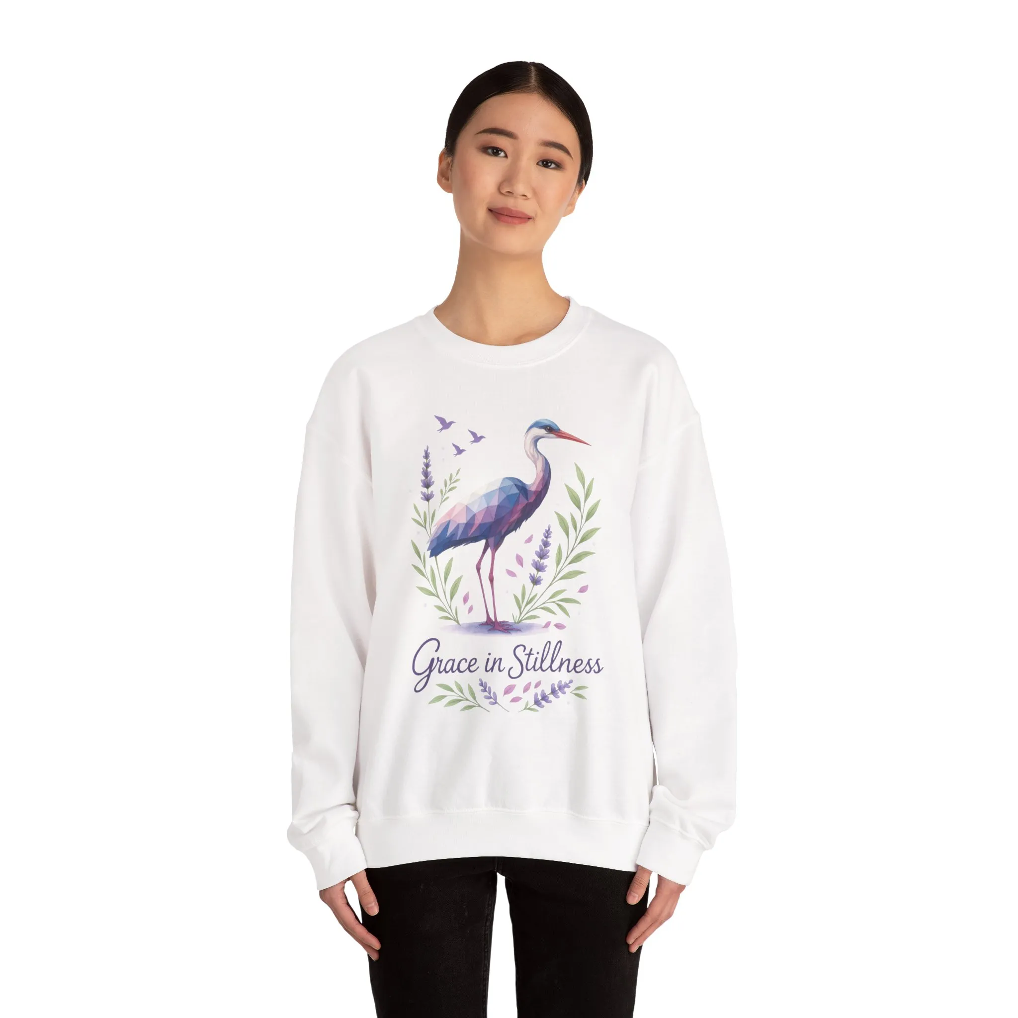 Polygonal Heron Graphic Sweatshirt, Women's Artistic Bird Crewneck, Nature-Inspired Minimalist Design, Geometric Crane, Bird Lovers Gift - Image 5