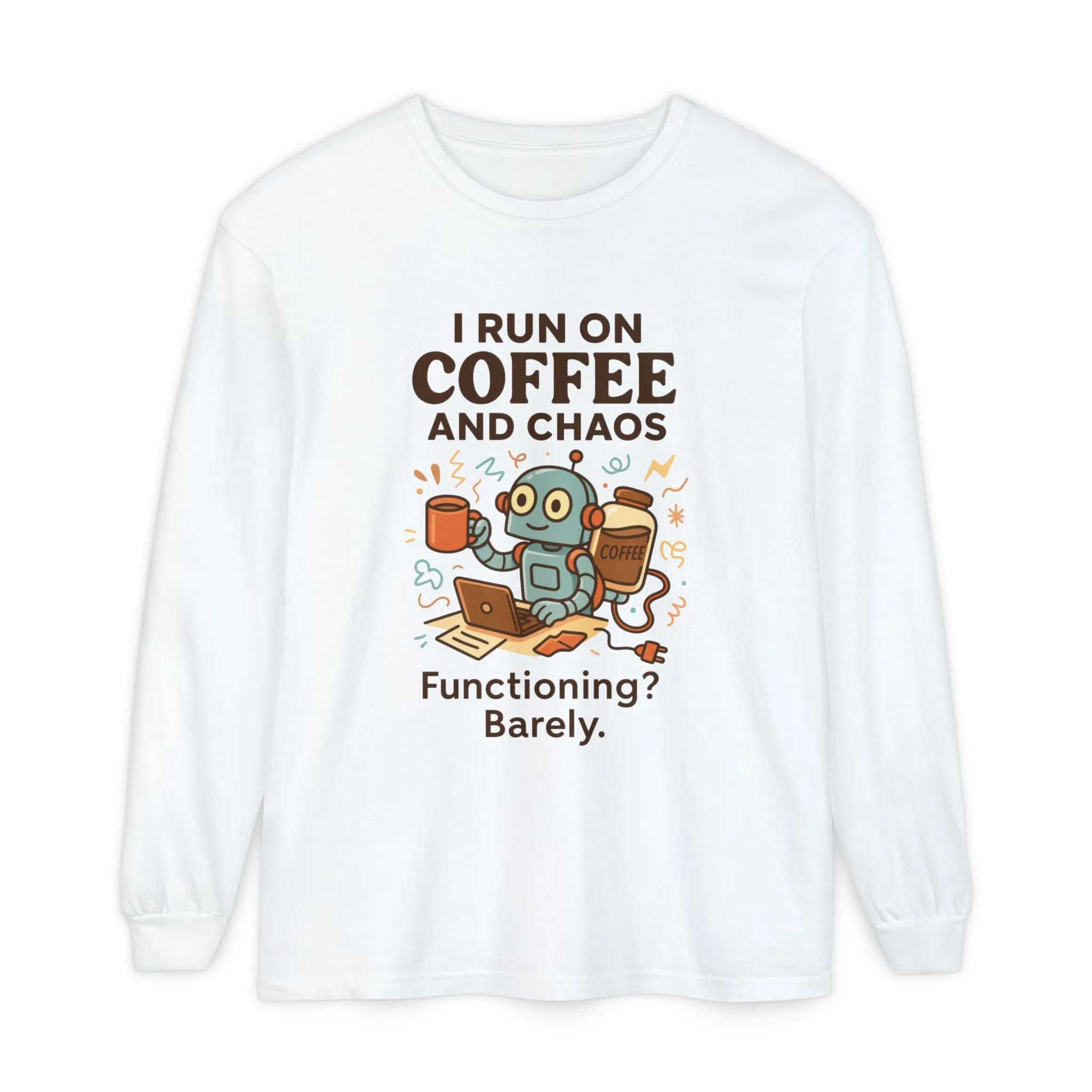Coffee Chaos Long Sleeve Tee, Funny T-Shirt, Quirky Gift for Coffee Lovers, Unisex Top for Busy Lives, Work from Home Humor Tee - Image 4