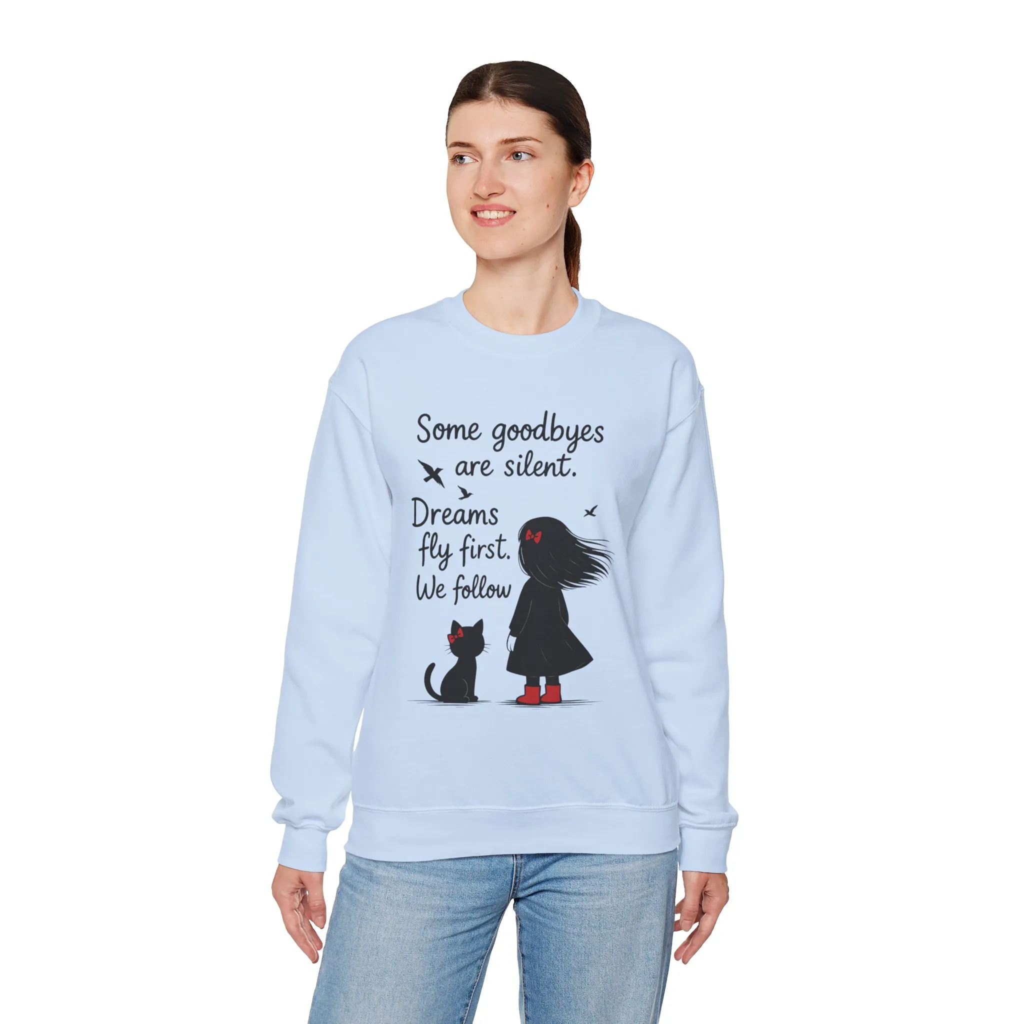 Cozy Farewell Girl & Cat Pullover, Hand Drawn Red Dress Art, Minimalist Womens Crewneck - Image 9