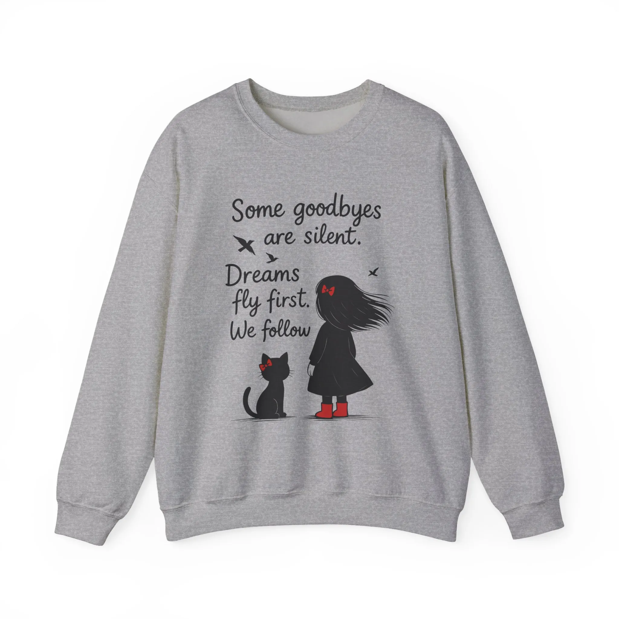 Cozy Farewell Girl & Cat Pullover, Hand Drawn Red Dress Art, Minimalist Womens Crewneck - Image 2