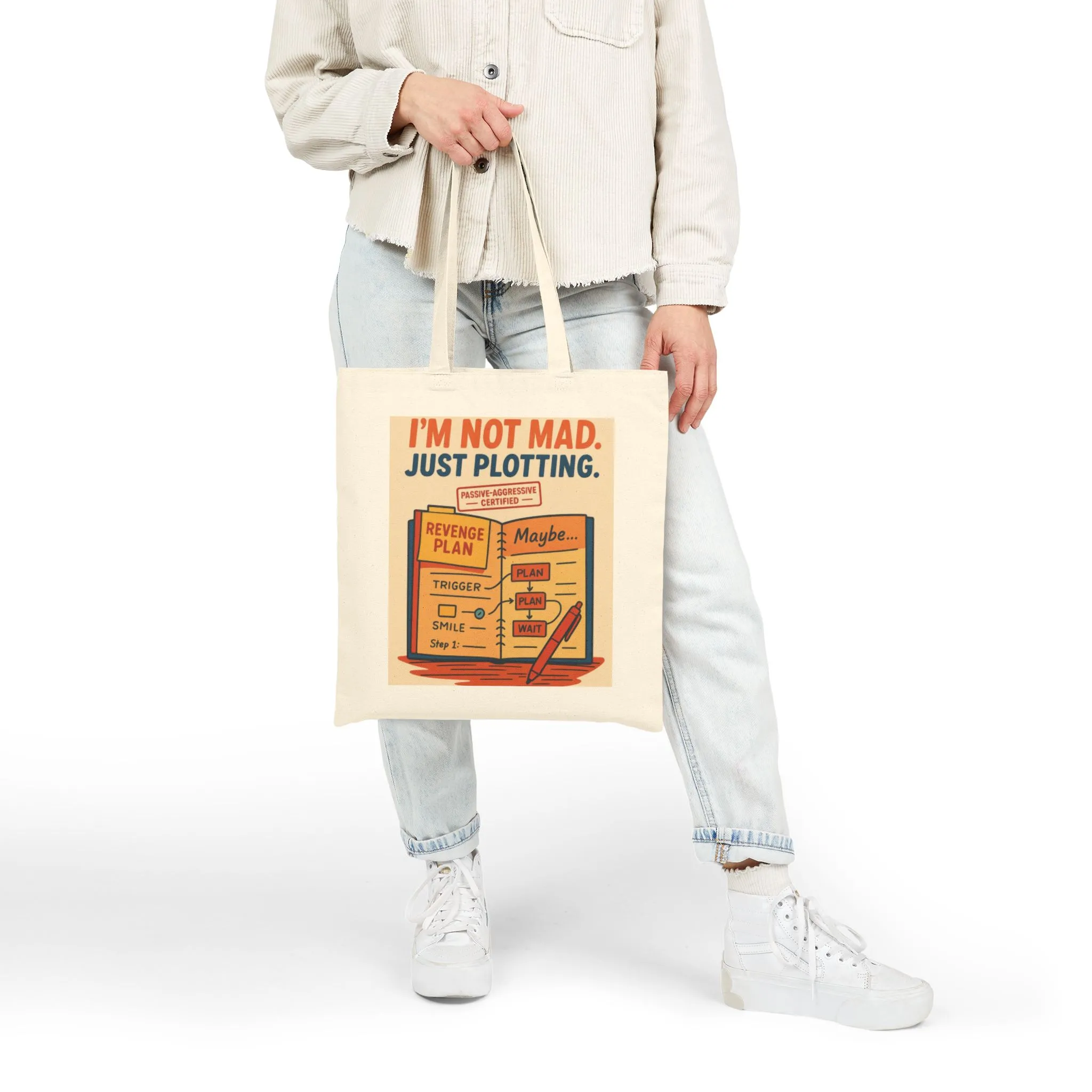 I'm Not Mad, Just Plotting Tote Bag, Funny Passive-Aggressive Revenge Plan Cotton Canvas Bag, Sarcastic Humor Gift for Coworkers & Introverts - Image 3