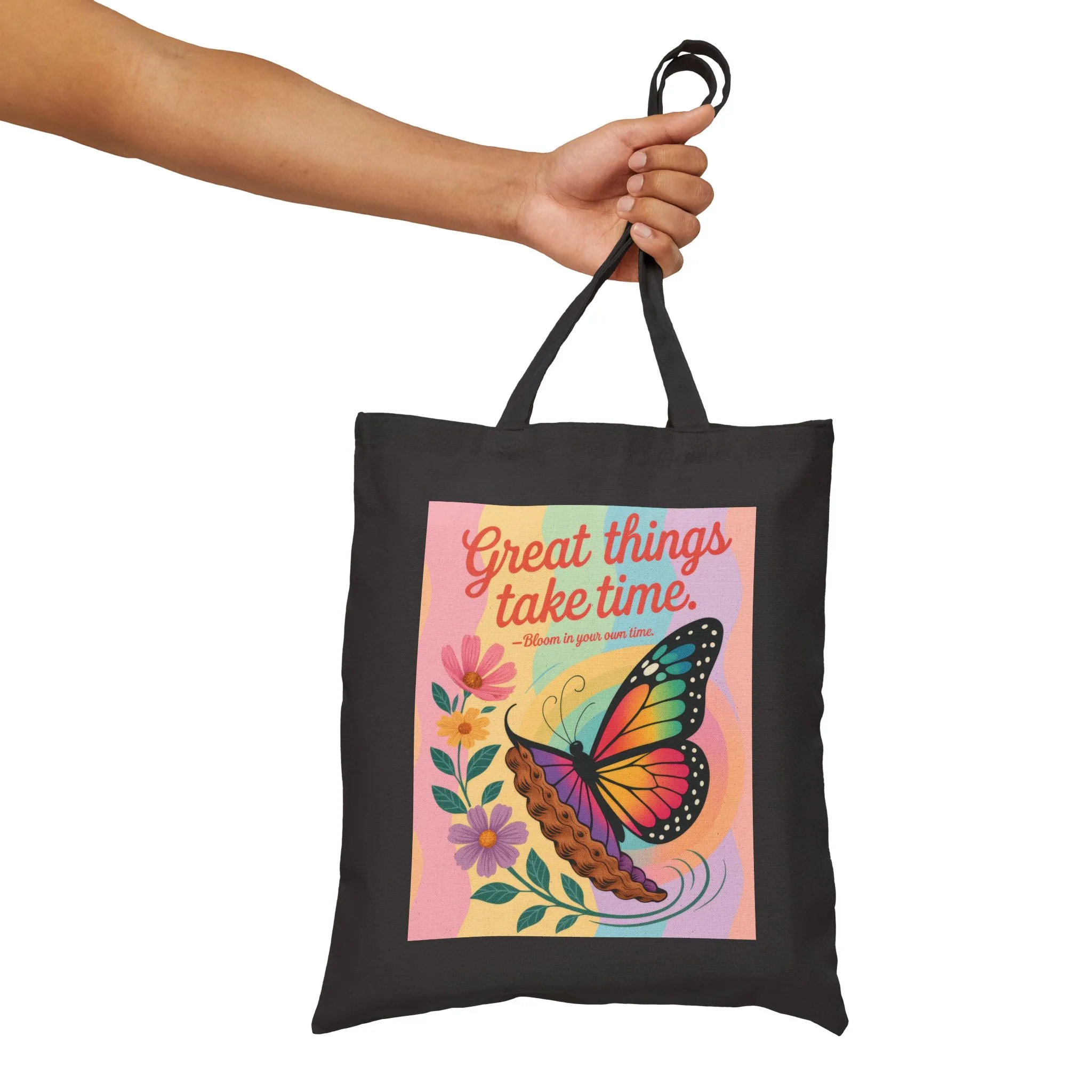 Great Things Take Time Tote Bag, Butterfly & Flower Cotton Canvas Bag, Motivational Quote Tote, Inspirational Gift for Women, Boho Style Bag - Image 11