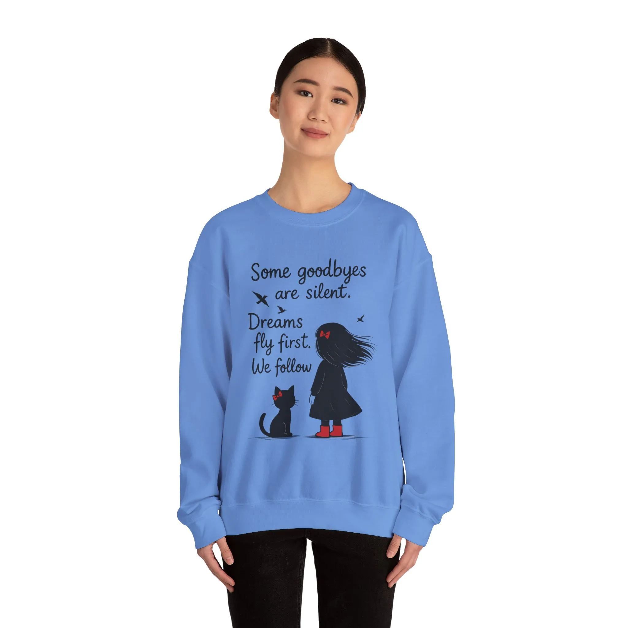 Cozy Farewell Girl & Cat Pullover, Hand Drawn Red Dress Art, Minimalist Womens Crewneck - Image 11