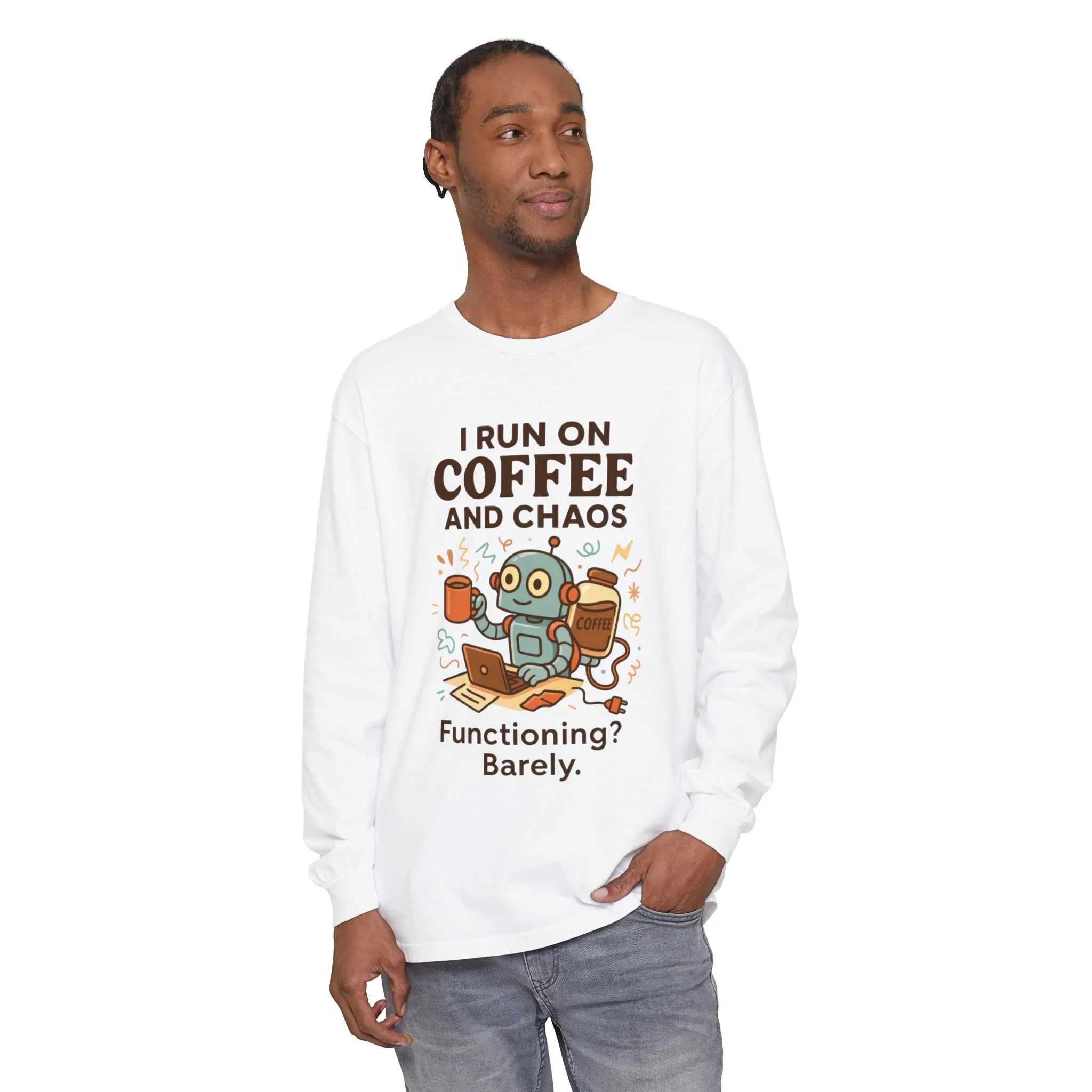 Coffee Chaos Long Sleeve Tee, Funny T-Shirt, Quirky Gift for Coffee Lovers, Unisex Top for Busy Lives, Work from Home Humor Tee - Image 5