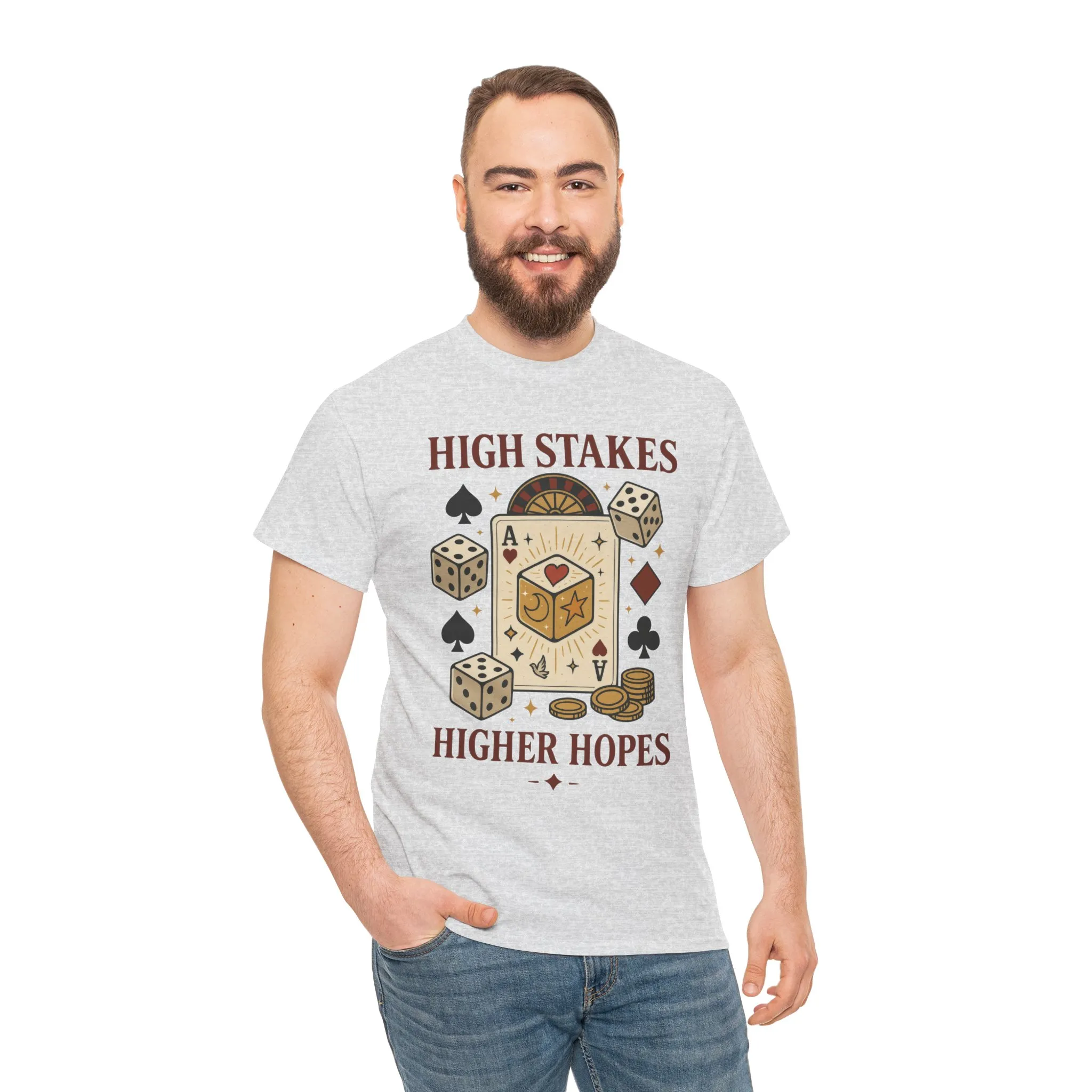 High Stakes, Higher Hopes Graphic Tee, Unisex Gambling Gift, Dice and Card Theme Shirt, Casual Wear, Game Night Apparel - Image 28