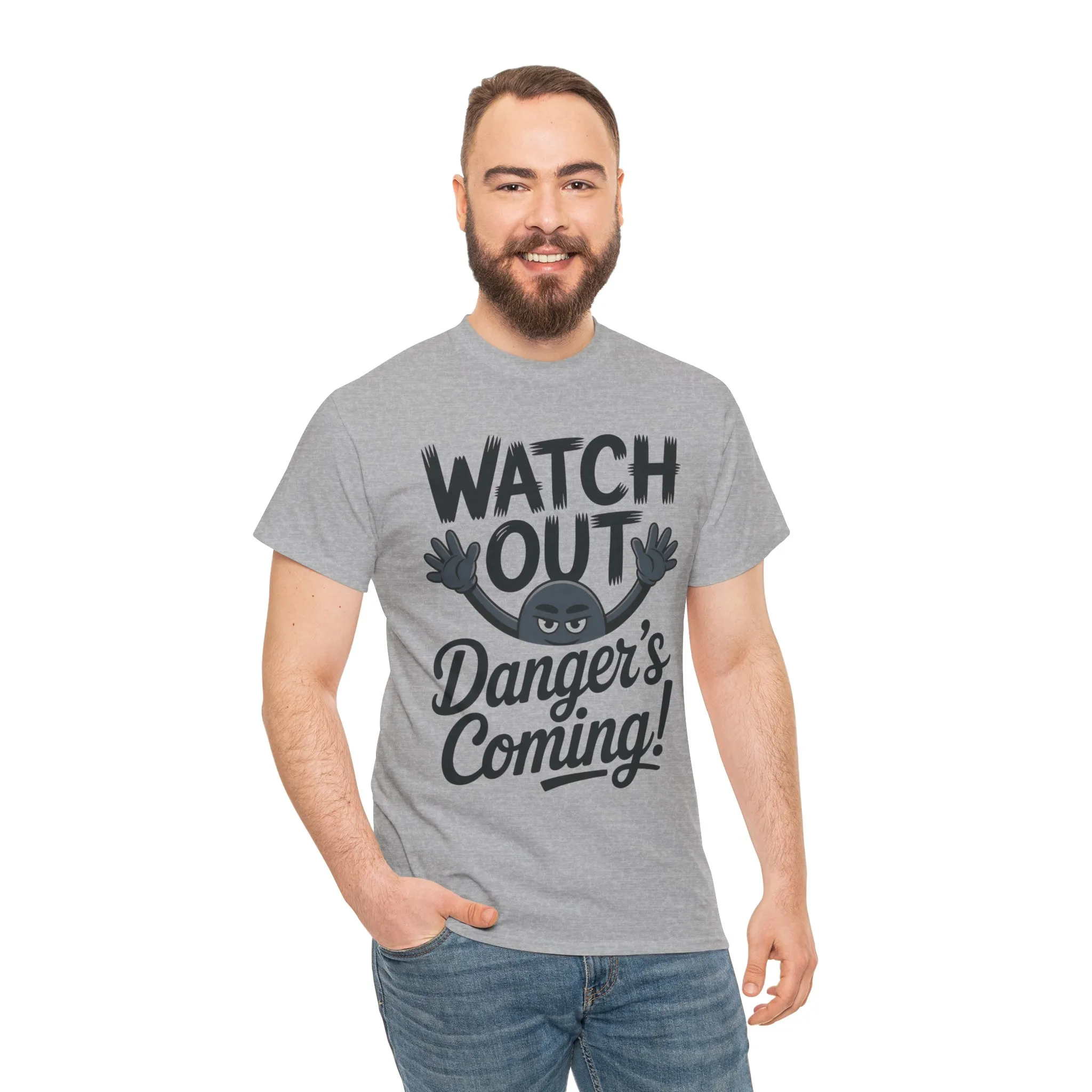 Funny "Watch Out" Cartoon Character T-Shirt, Sketch Style Unisex Heavy Cotton Tee, Minimalist Humorous Graphic Tee, Gift for Him/Her - Image 11