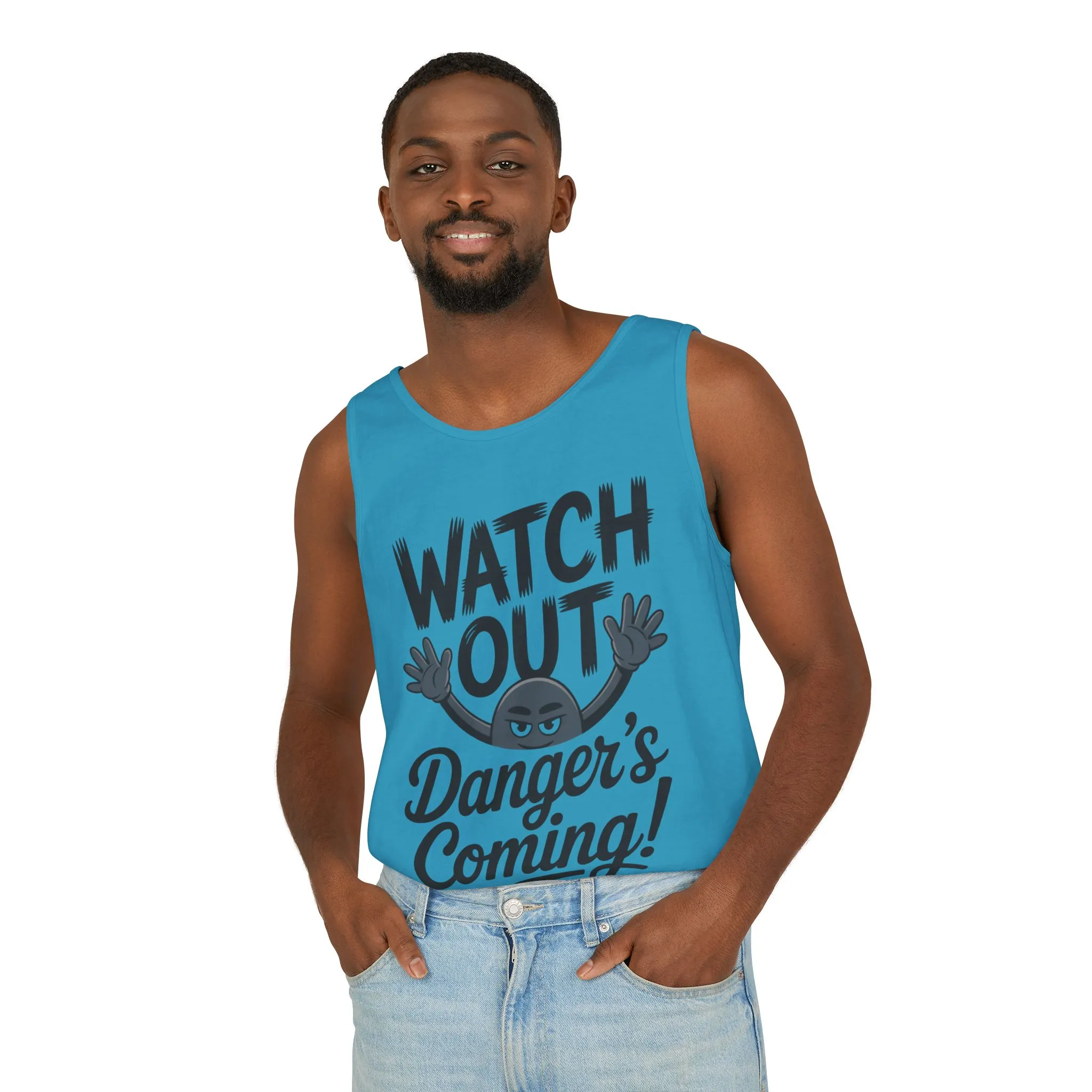 Watch Out! Danger's Coming, Mens Garment-Dyed Tank Top, Summer Tank, Trendy Mens Top, Fun Graphic Tee, Casual Wear, Gift for Him - Image 21