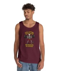 Funny Skeleton Gym Tank Top, Still Lifting After Death, Funny Workout Tee for Men, Fitness Gift, Halloween Apparel, Unisex Cotton Tank Top