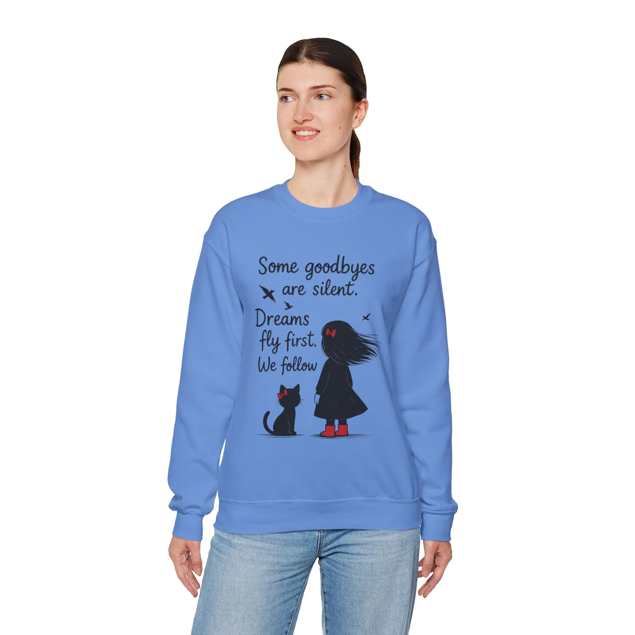 Cozy Farewell Girl & Cat Pullover, Hand Drawn Red Dress Art, Minimalist Womens Crewneck - Image 12