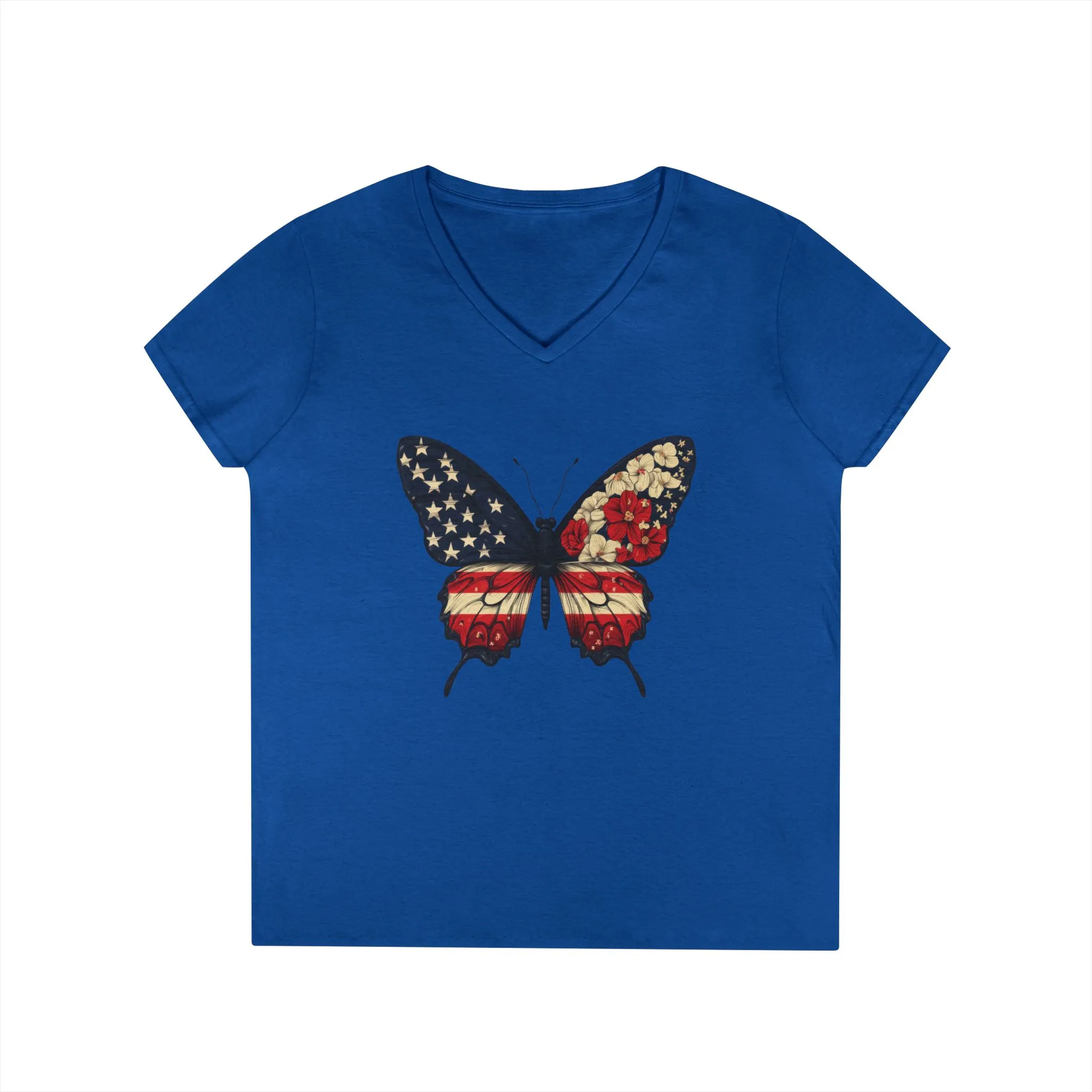 Patriotic Butterfly V-Neck T-Shirt, Summer Style, Gifts for Her, Independence Day, Casual Wear, Nature Lovers - Image 2