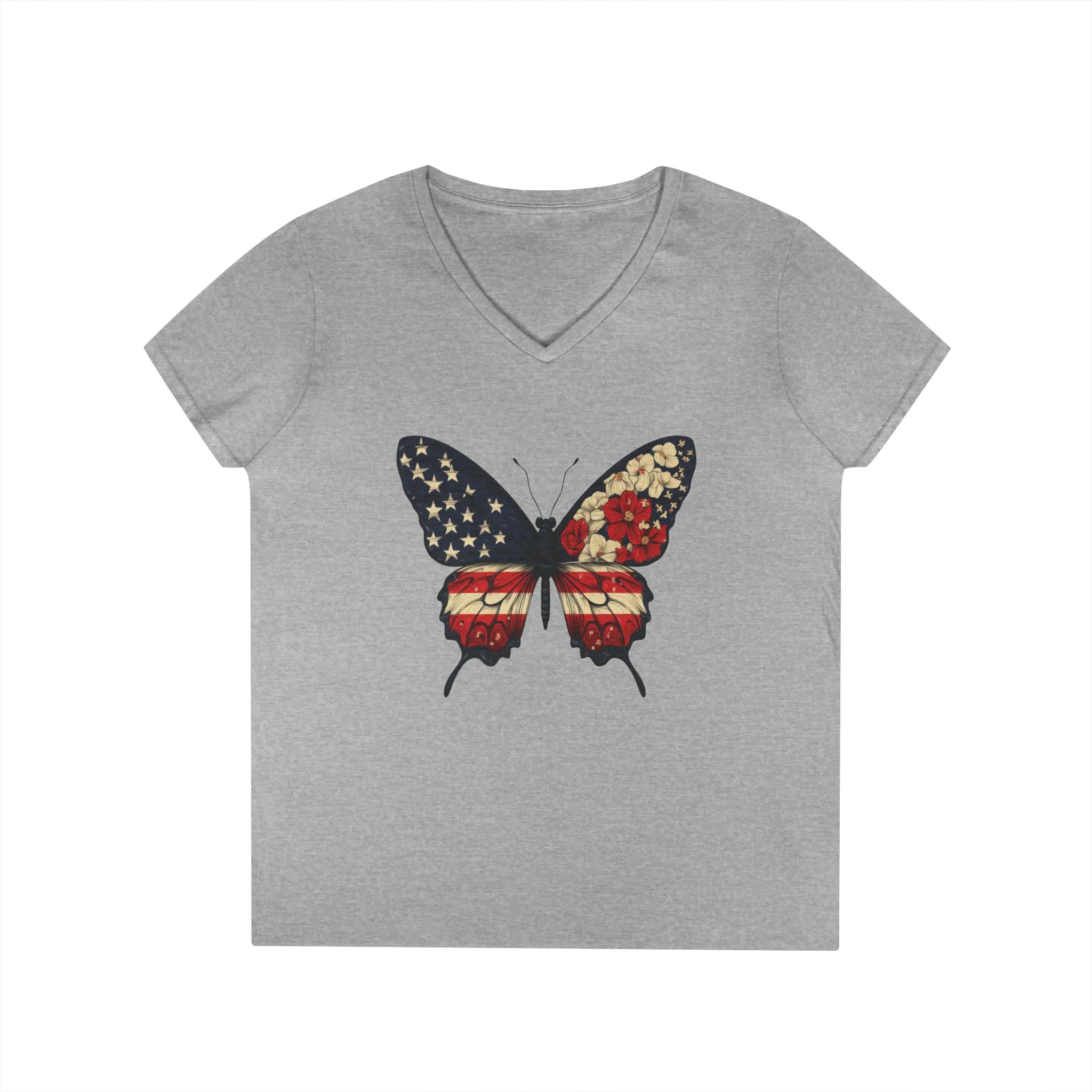 Patriotic Butterfly V-Neck T-Shirt, Summer Style, Gifts for Her, Independence Day, Casual Wear, Nature Lovers - Image 7