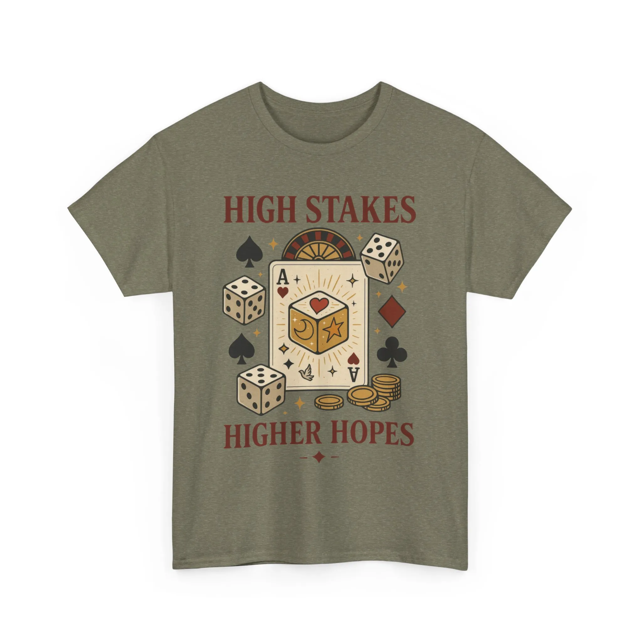 High Stakes, Higher Hopes Graphic Tee, Unisex Gambling Gift, Dice and Card Theme Shirt, Casual Wear, Game Night Apparel - Image 9
