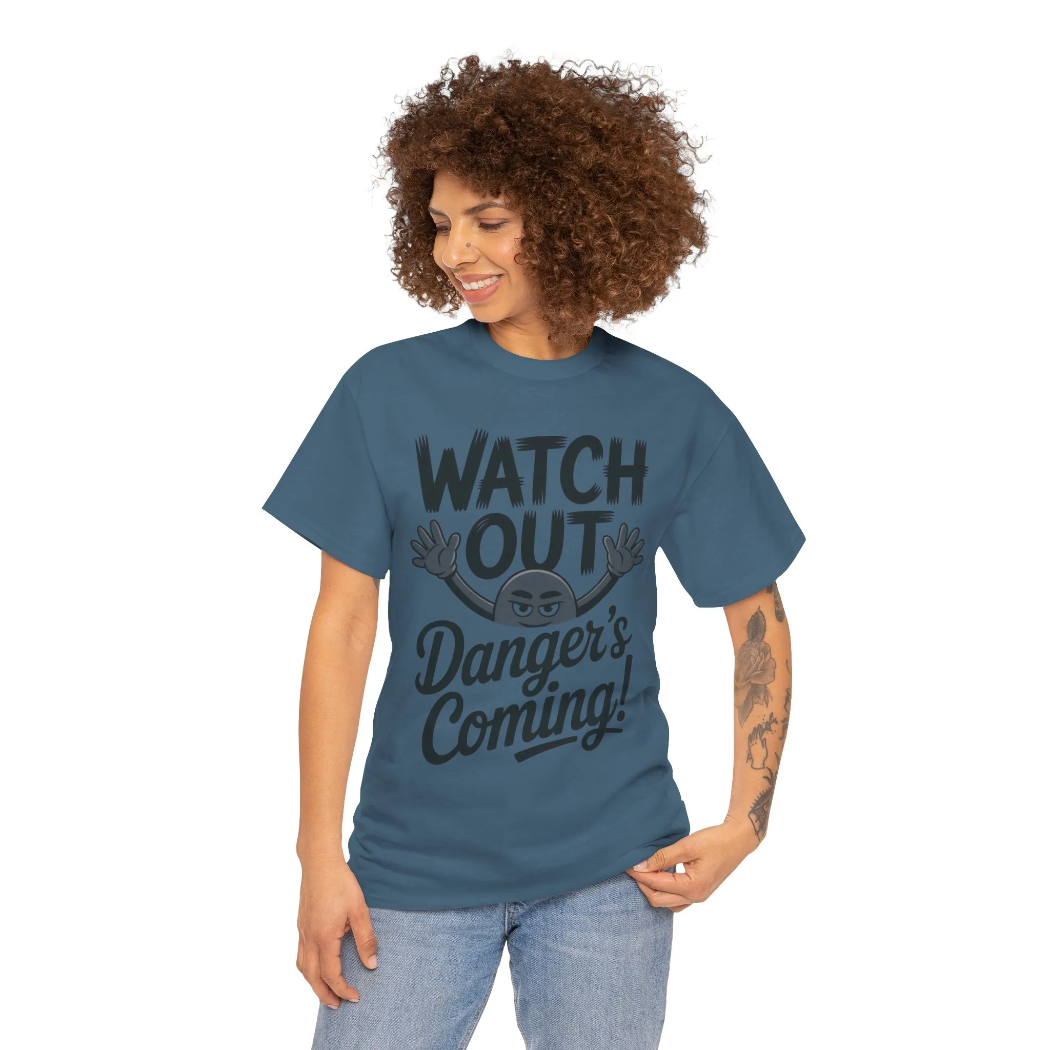 Funny "Watch Out" Cartoon Character T-Shirt, Sketch Style Unisex Heavy Cotton Tee, Minimalist Humorous Graphic Tee, Gift for Him/Her - Image 28