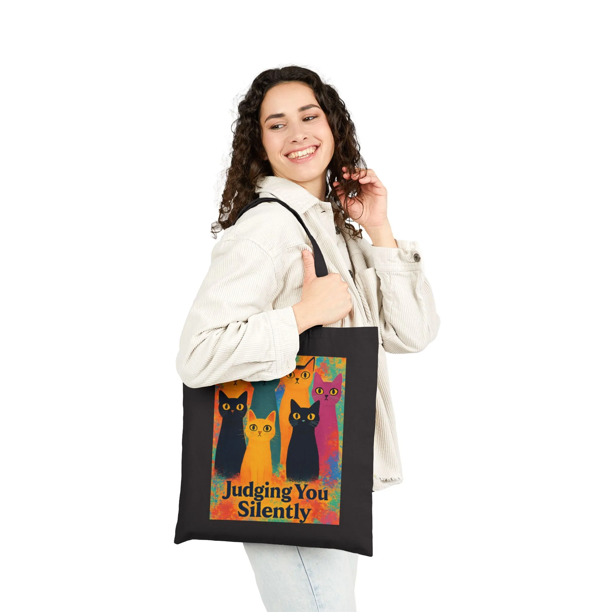 Colorful Funny Cat Illustration Tote Bag, Judging You Silently, Artistic Rainbow Cat Lover Gift, Pet-themed Bag - Image 8