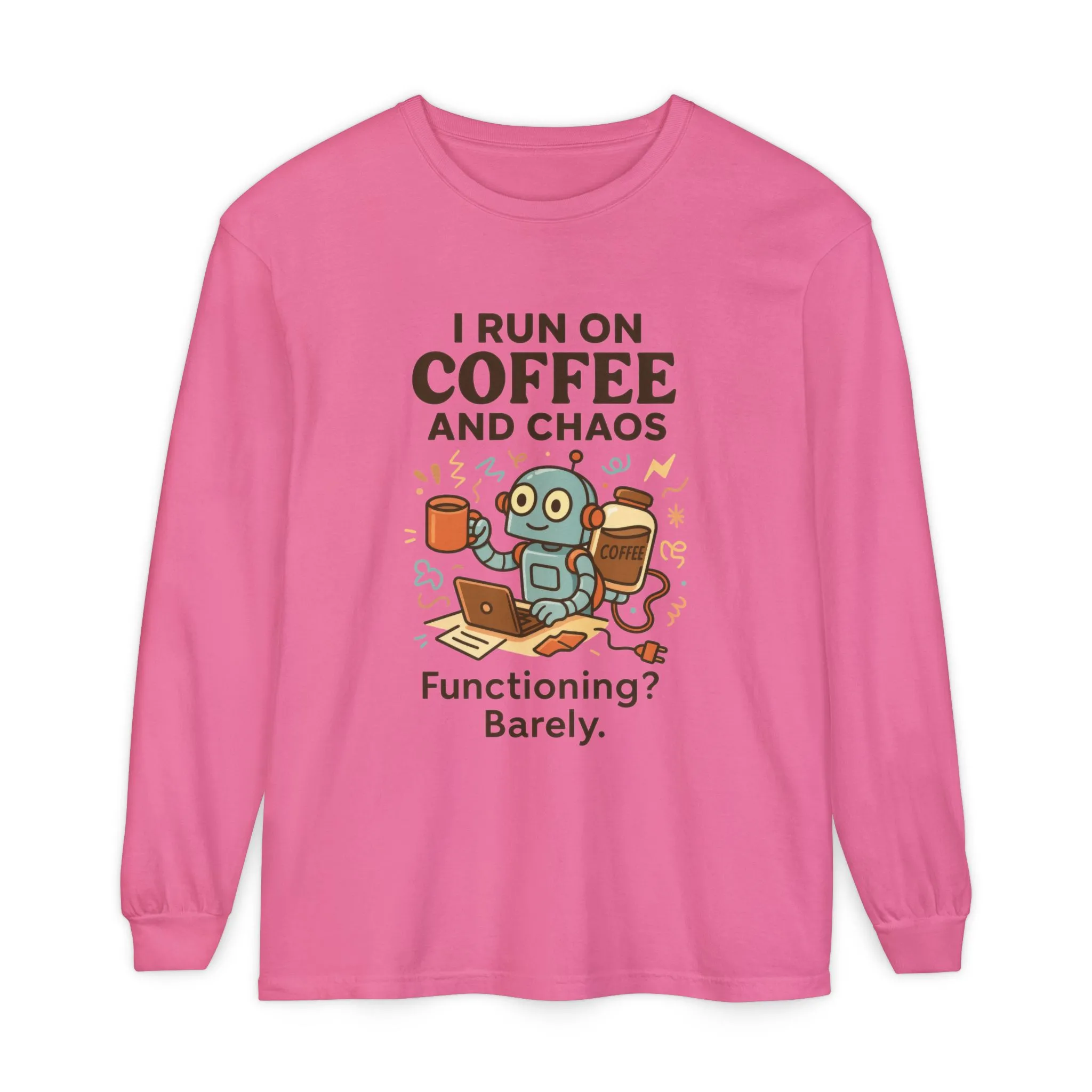 Coffee Chaos Long Sleeve Tee, Funny T-Shirt, Quirky Gift for Coffee Lovers, Unisex Top for Busy Lives, Work from Home Humor Tee - Image 21