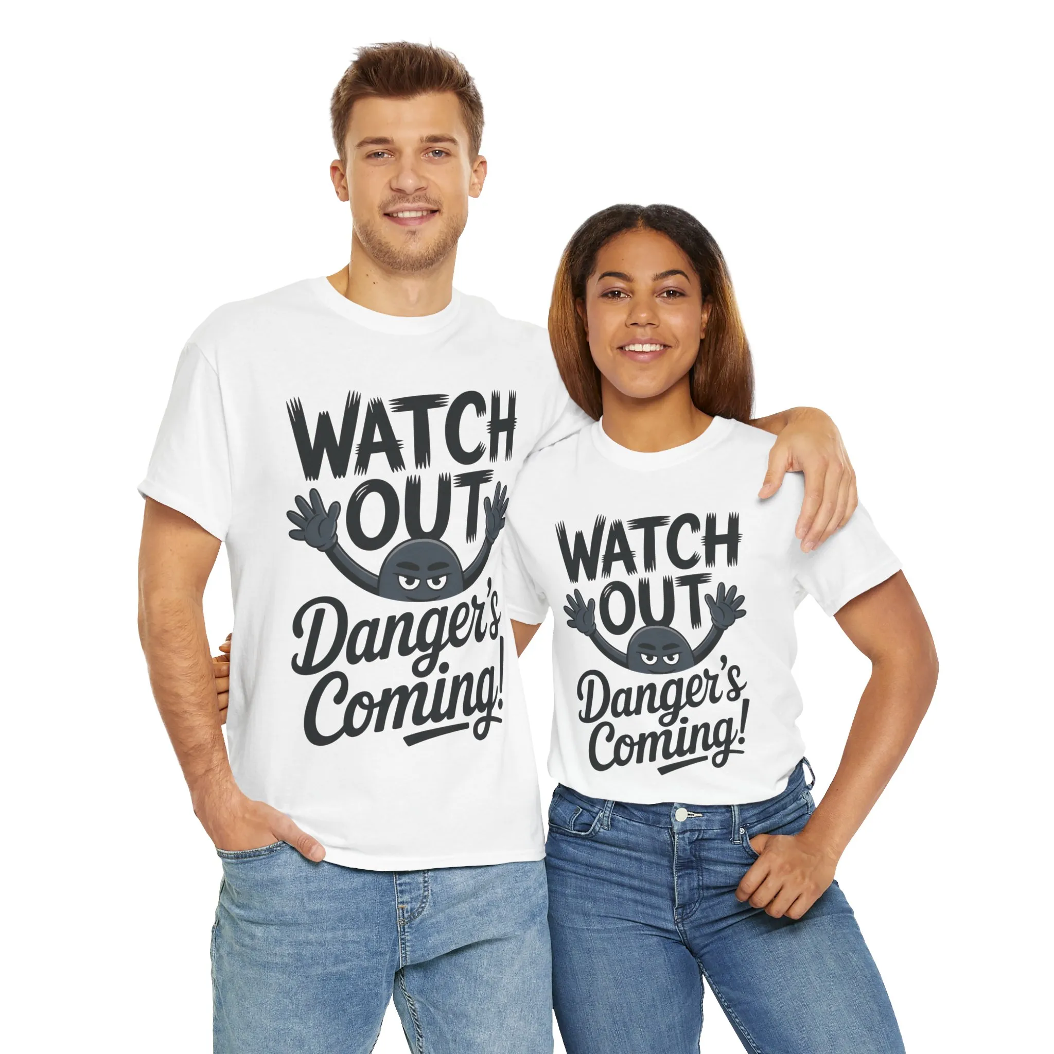 Funny "Watch Out" Cartoon Character T-Shirt, Sketch Style Unisex Heavy Cotton Tee, Minimalist Humorous Graphic Tee, Gift for Him/Her - Image 6
