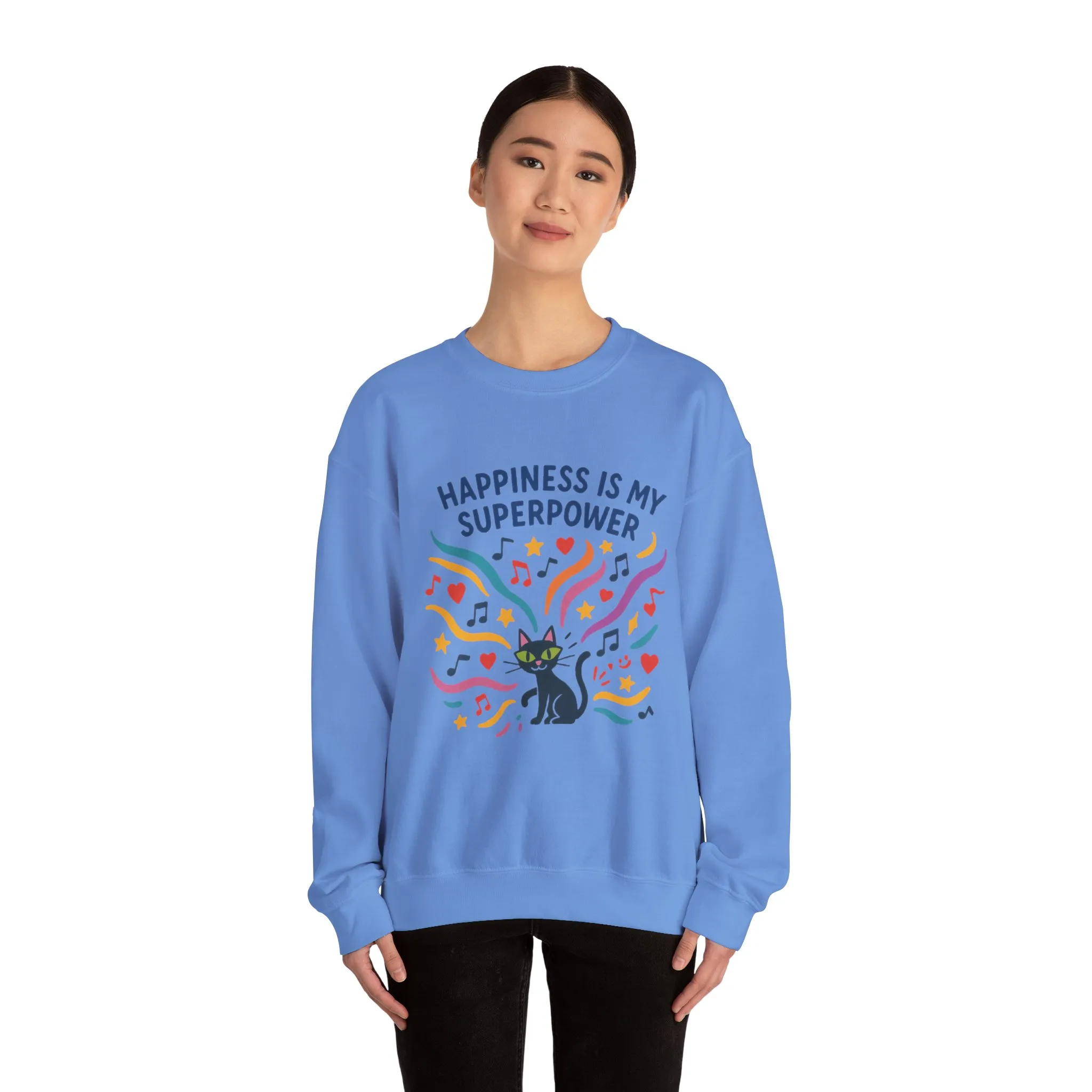 Playful Cat Crewneck Sweatshirt, Happiness is My Superpower, Cozy Sweatshirt, Gift for Cat Lovers, Fun Casual Style, Unique Animal Design - Image 17