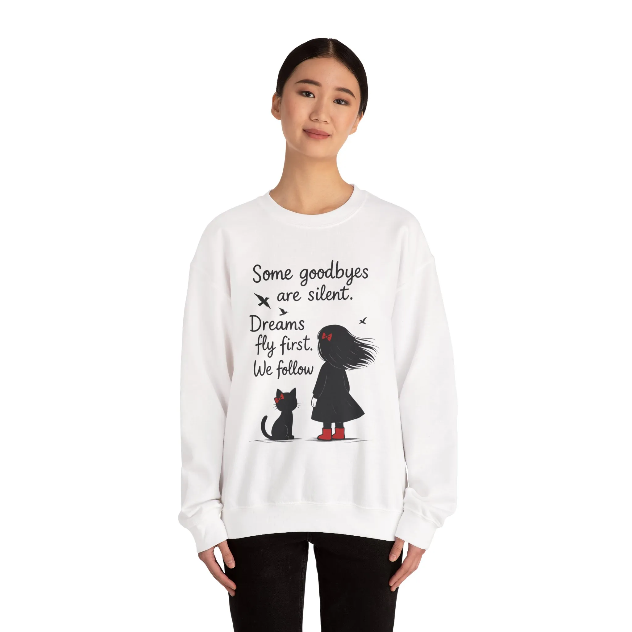 Cozy Farewell Girl & Cat Pullover, Hand Drawn Red Dress Art, Minimalist Womens Crewneck - Image 29