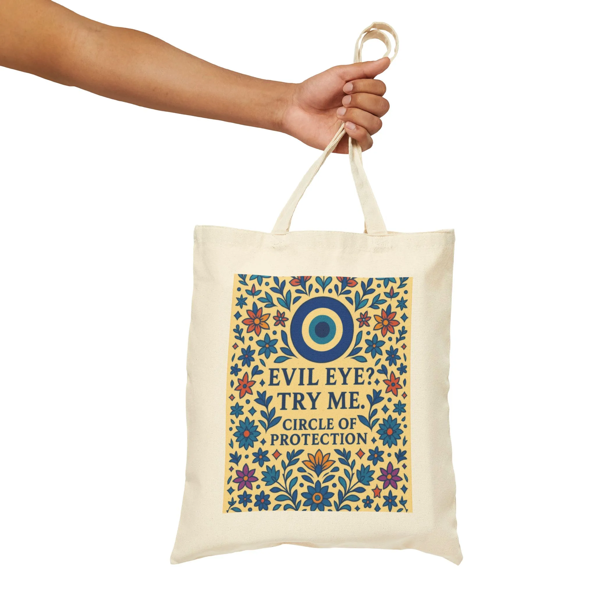 Evil Eye Protection Tote Bag – Bold Floral Nazar Amulet Canvas Bag with Funny Quote, Boho Charm Bag - Image 4