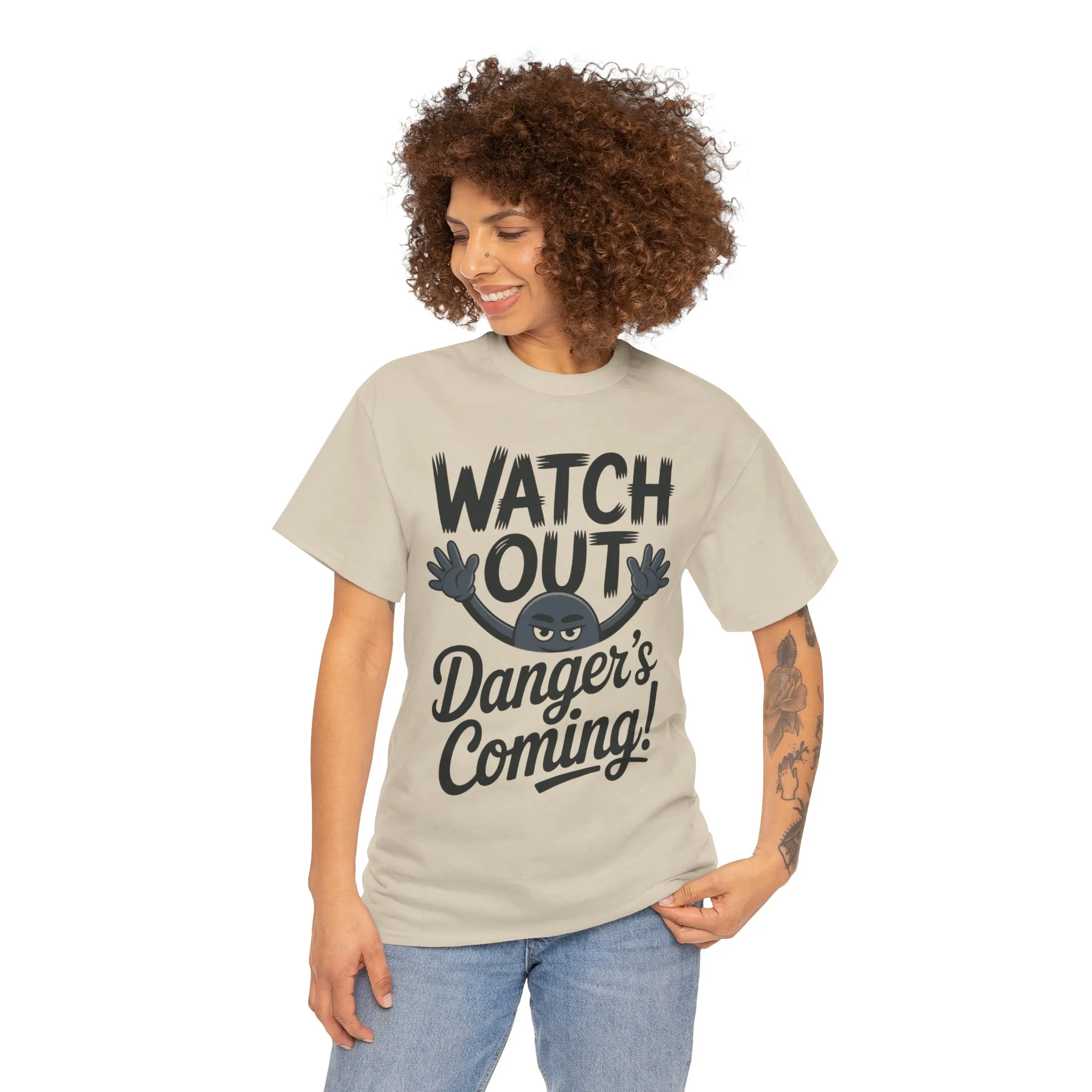 Funny "Watch Out" Cartoon Character T-Shirt, Sketch Style Unisex Heavy Cotton Tee, Minimalist Humorous Graphic Tee, Gift for Him/Her - Image 40