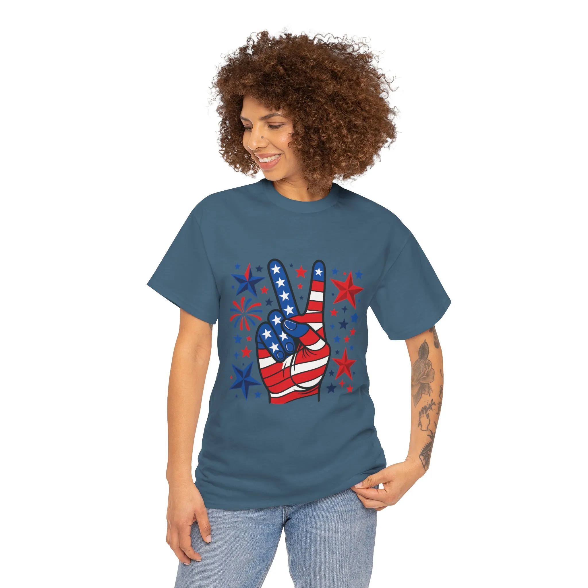 Patriotic Peace Hand Unisex Heavy Cotton Tee - Ideal for July 4th, Independence Day, Celebrations, Casual Wear, Everyday Style - Image 22