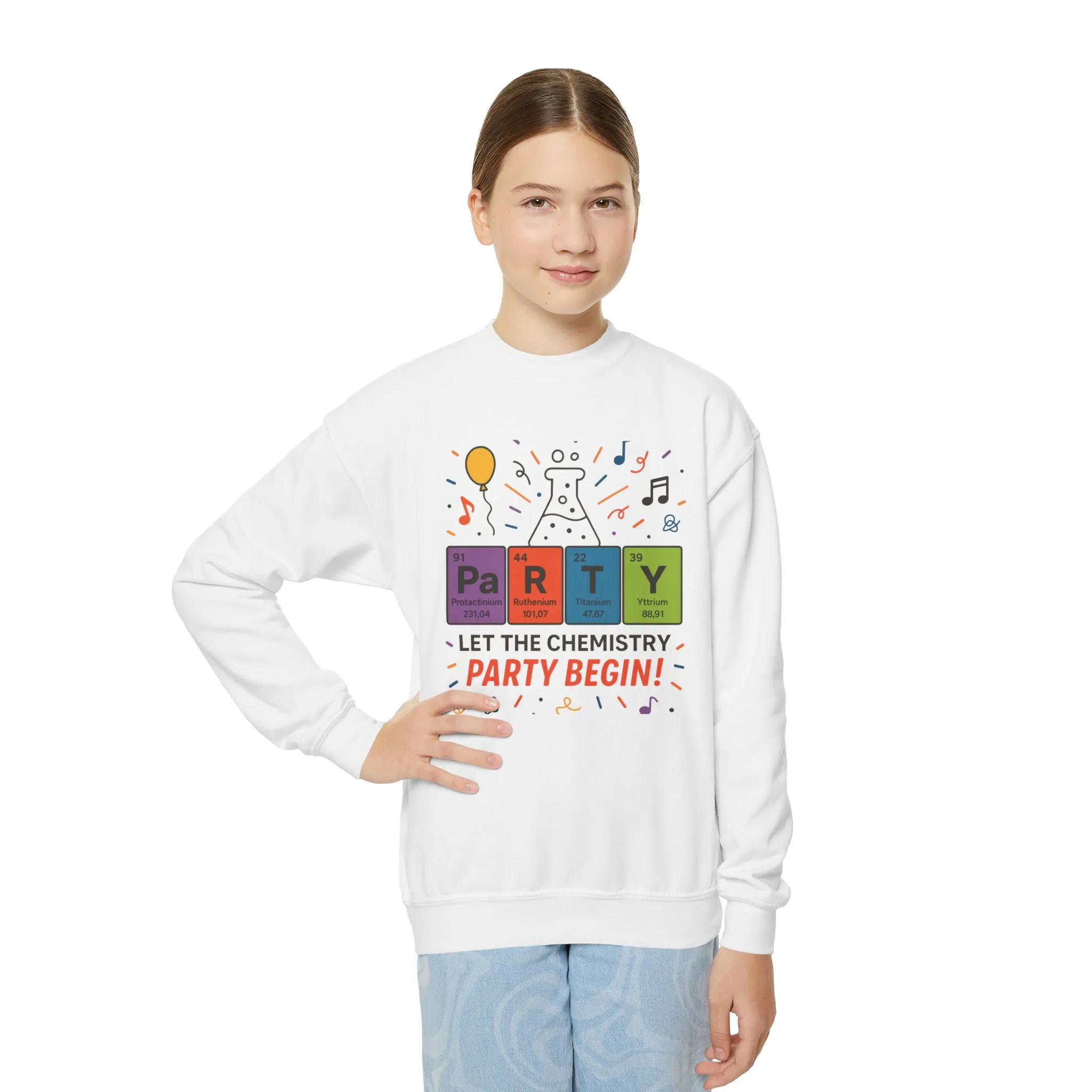 Fun Chemistry Party Youth Crewneck Sweatshirt, Gift for Science Lovers, Birthday Sweatshirt, Kids Party Apparel, Science-Themed Gift