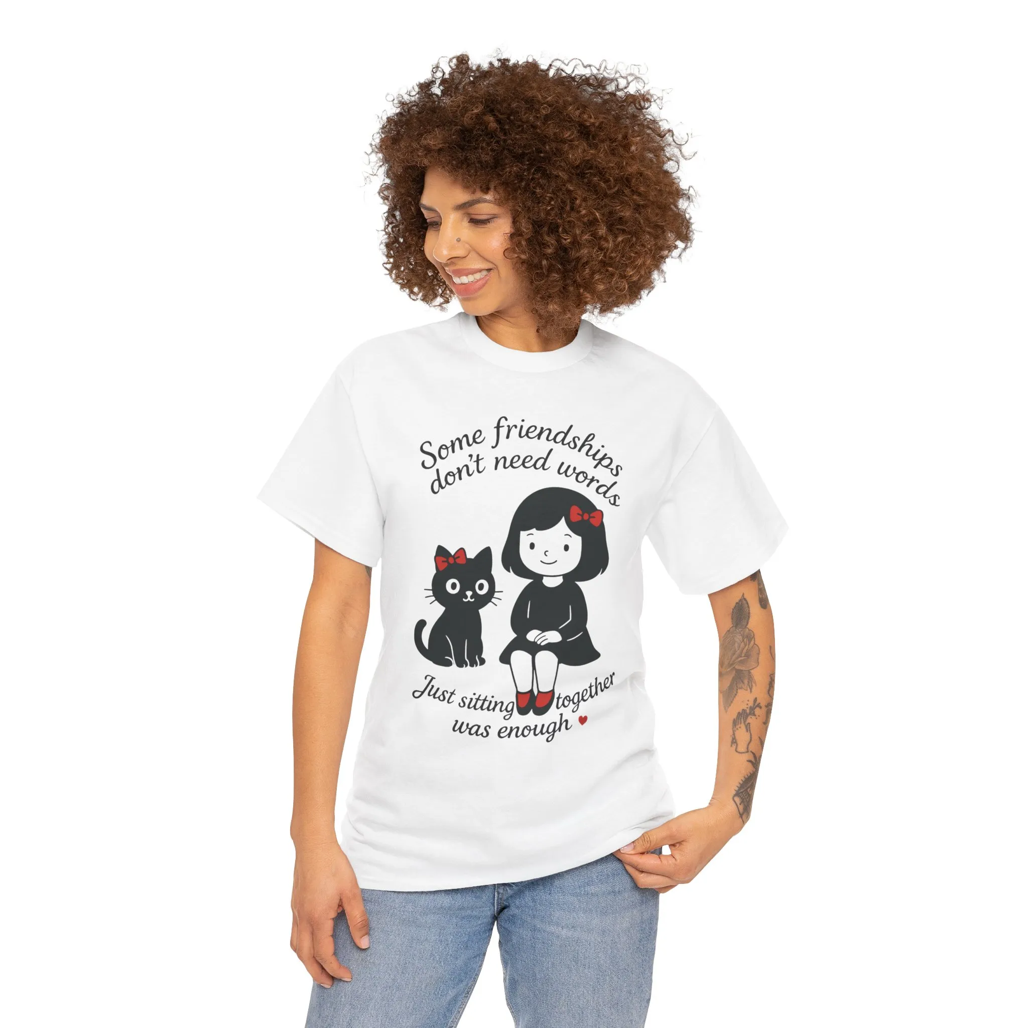 Cute Cat & Girl Graphic Tee, Playful Gift for Cat Lovers, Cat and Girl Design, Gift for Cat Owners, Women's Cotton T-Shirt - Image 5